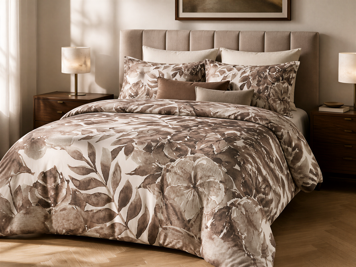 a well-decorated bedroom with a large bed featuring a floral print comforter and pillows. The bed is positioned against a wall with a framed picture above it. There are two nightstands on either side of the bed, each with a lamp. The overall color scheme of the room is neutral, with a focus on the floral print bedding.