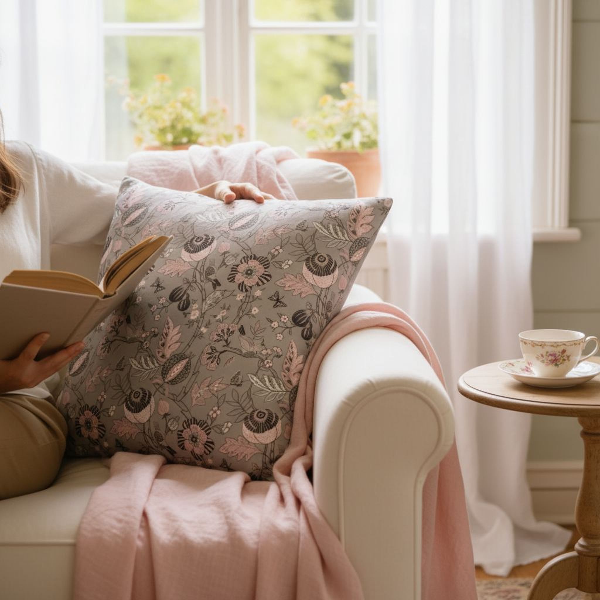 A person is sitting on a white couch, reading a book and enjoying a cup of tea, with a floral patterned pillow and a window with plants visible in the background.