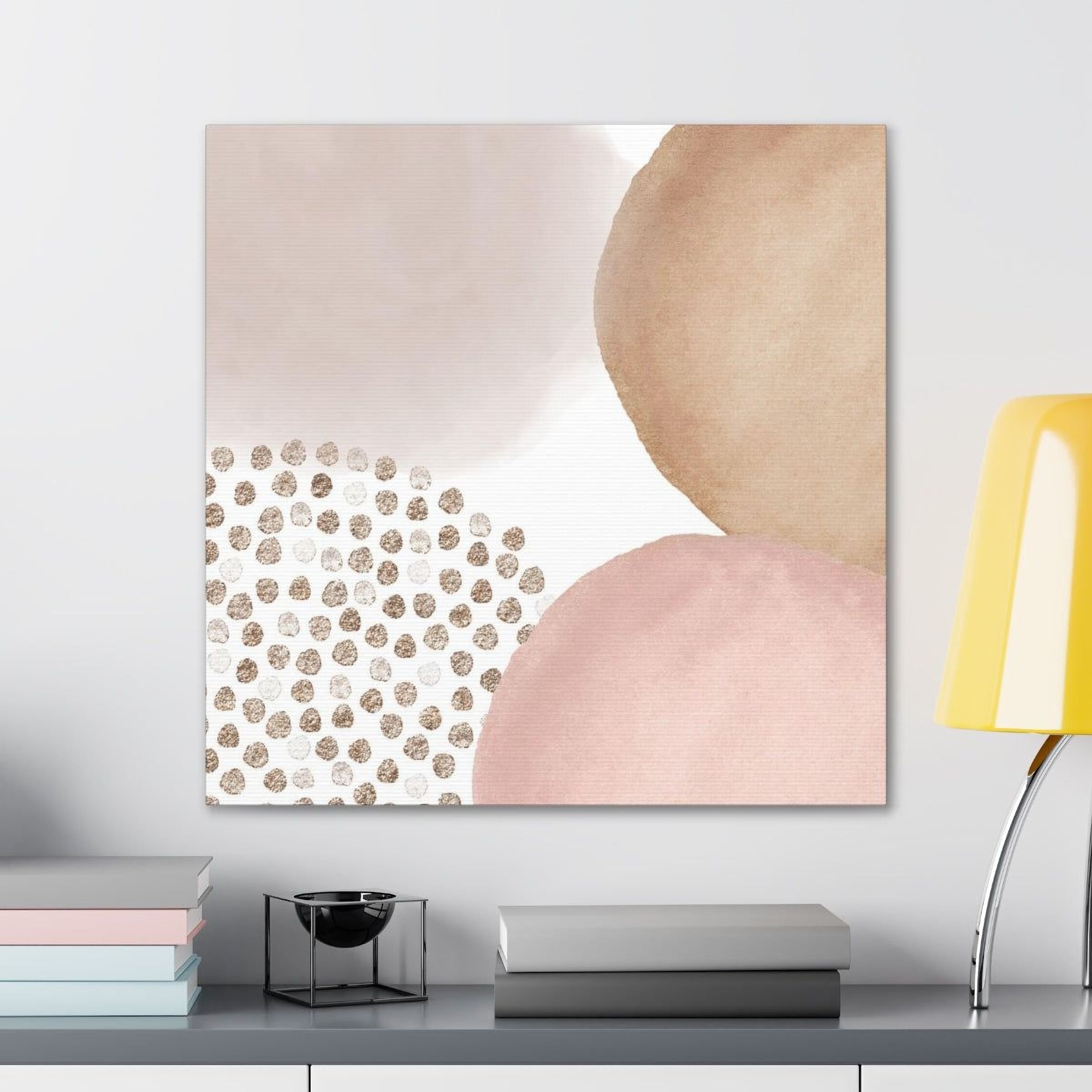 a minimalist art piece with a square frame, hanging on a wall above a shelf with various items on it.