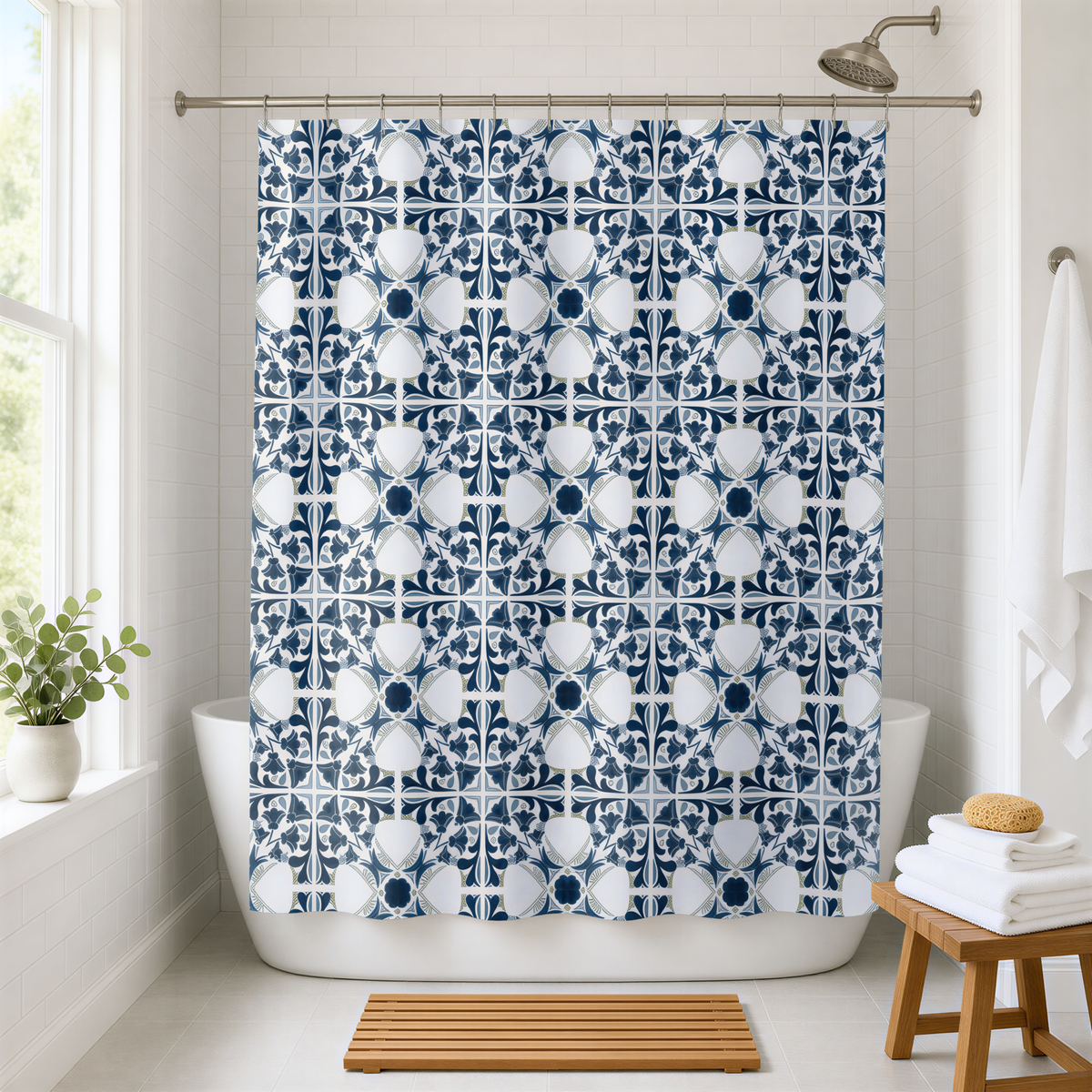 a bathroom with a white bathtub, a wooden stool, and a potted plant. The shower curtain has a blue and white patterned design.