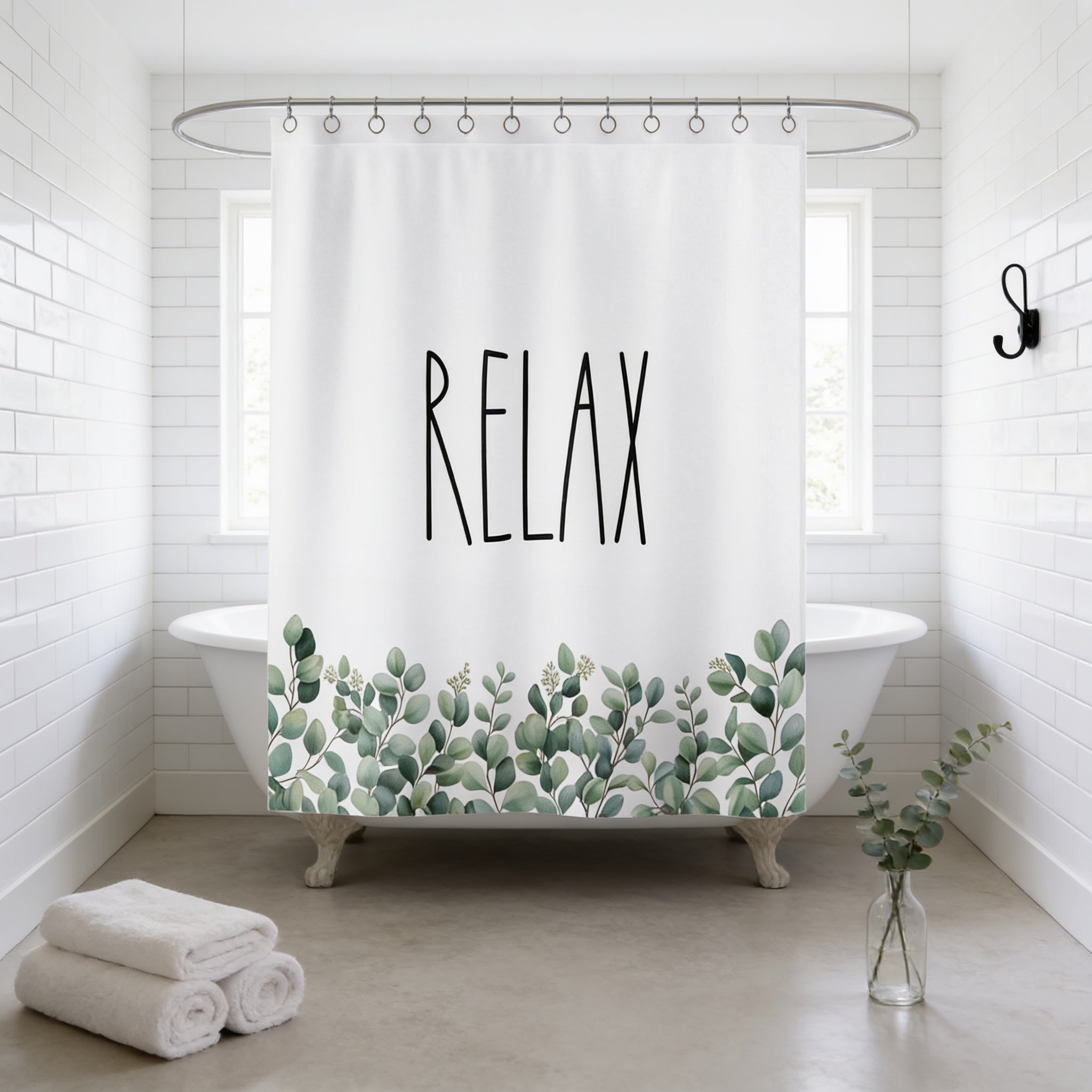 a bathroom with a white bathtub, a shower curtain with the word "RELAX" printed on it, and a vase of greenery on the floor.