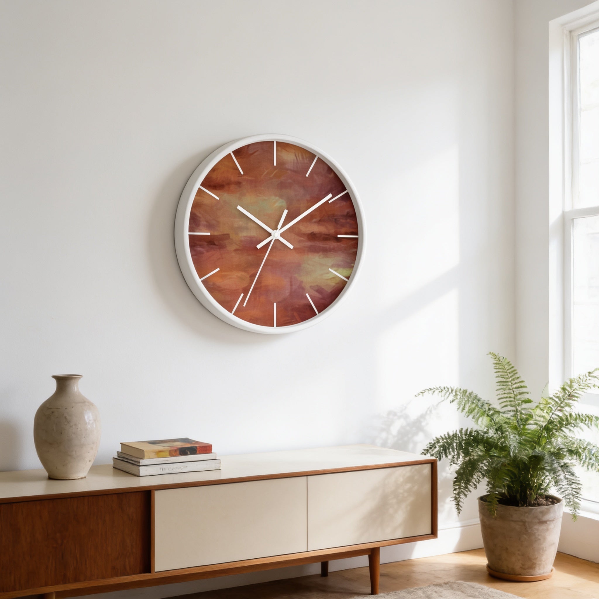 a modern living room with a large circular wall clock, a wooden cabinet, a stack of books, and a potted plant.