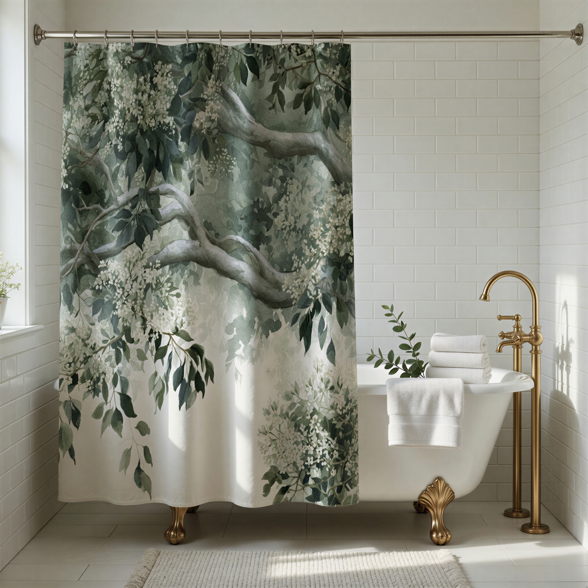 a bathroom with a white bathtub, a shower curtain with a green and white floral design, and a gold faucet.