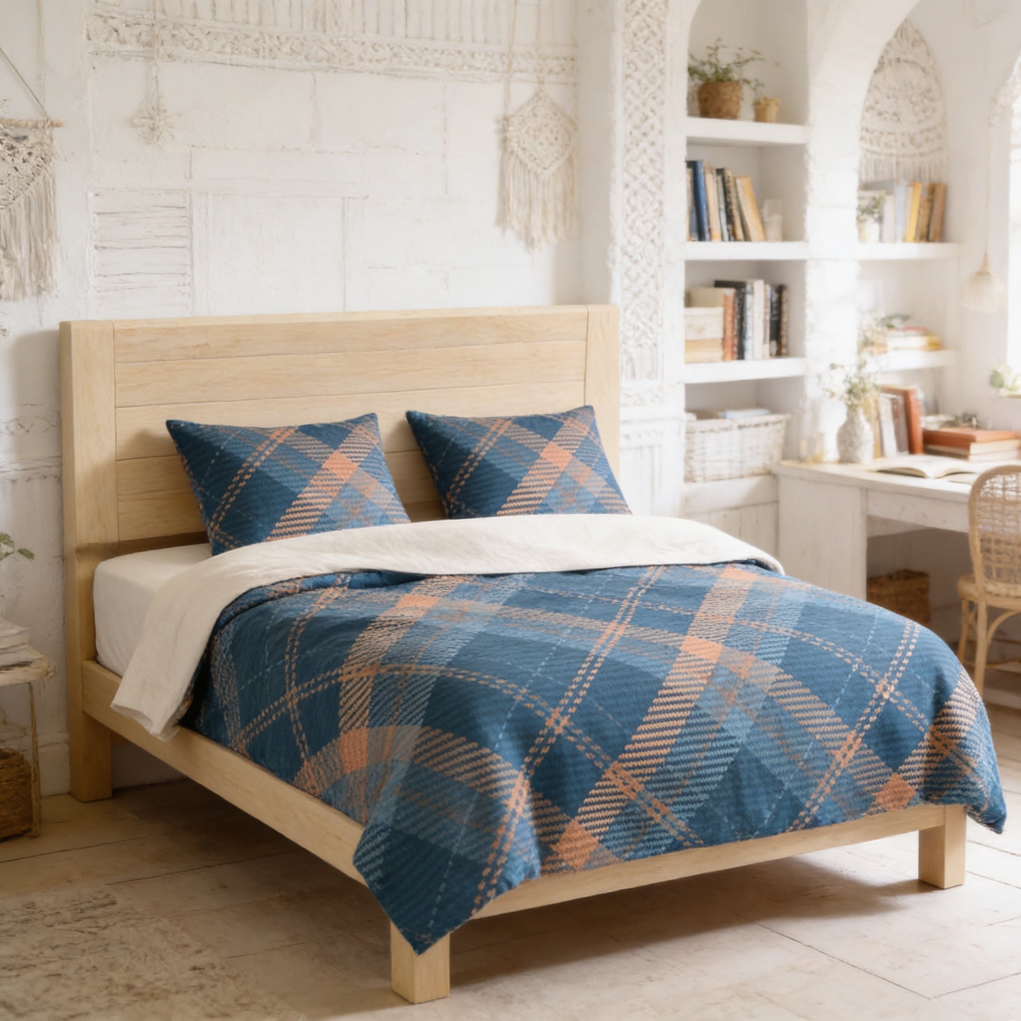 a cozy bedroom with a wooden bed frame, a plaid comforter, and a bookshelf filled with books. The room has a warm and inviting atmosphere, with a mix of natural and textured elements.