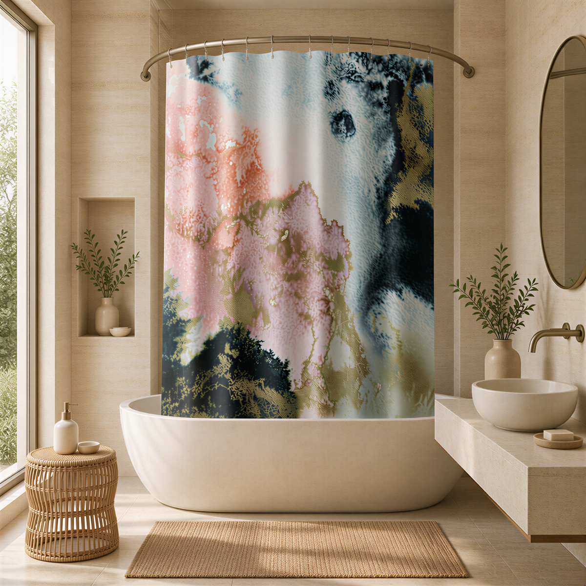 a modern bathroom with a large, colorful abstract painting hanging above a white freestanding bathtub. The bathroom features a large window, a white sink, and a woven basket on the floor.