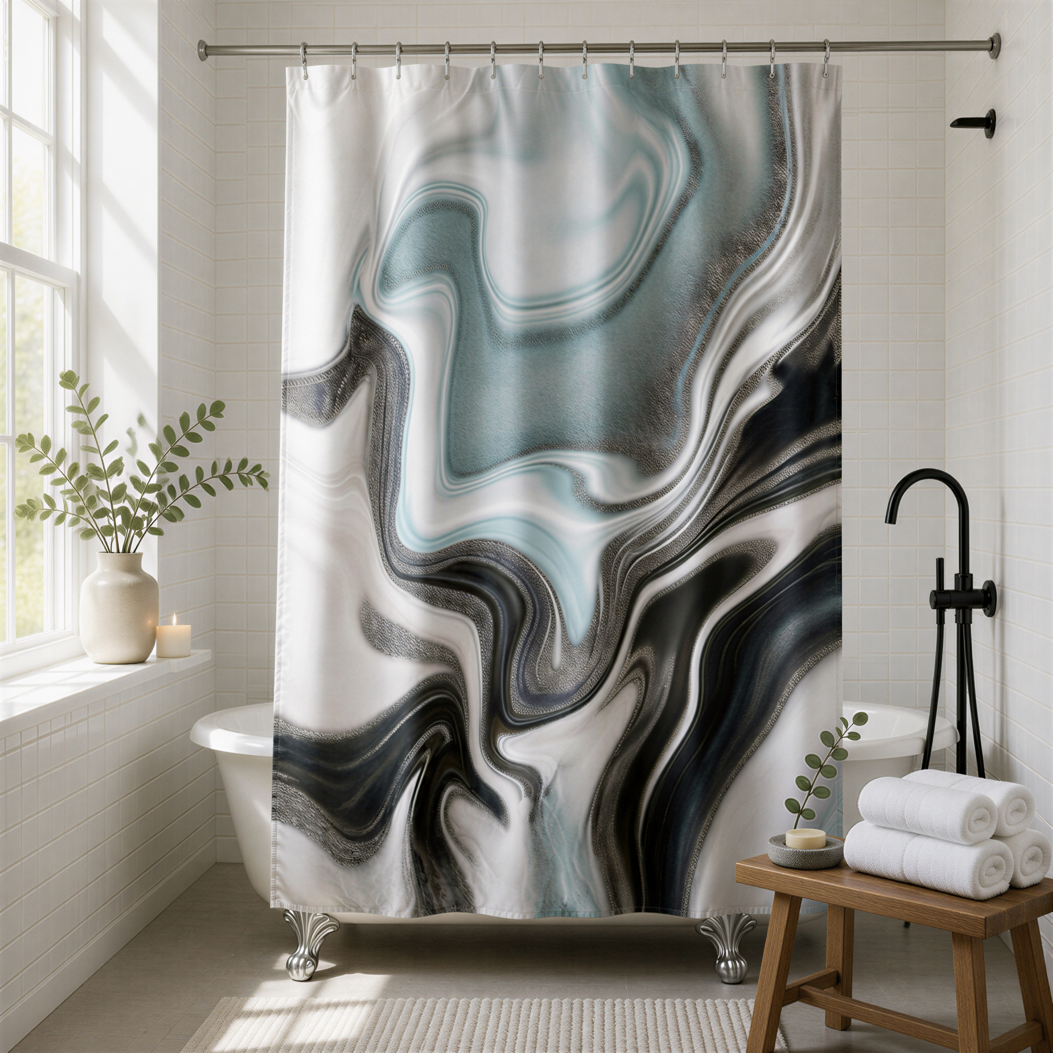 a bathroom with a large abstract shower curtain featuring swirling black and white patterns. The bathroom is well-lit, with a white bathtub and a wooden stool nearby. There are also some plants and a candle on the windowsill, adding a touch of greenery and warmth to the space.