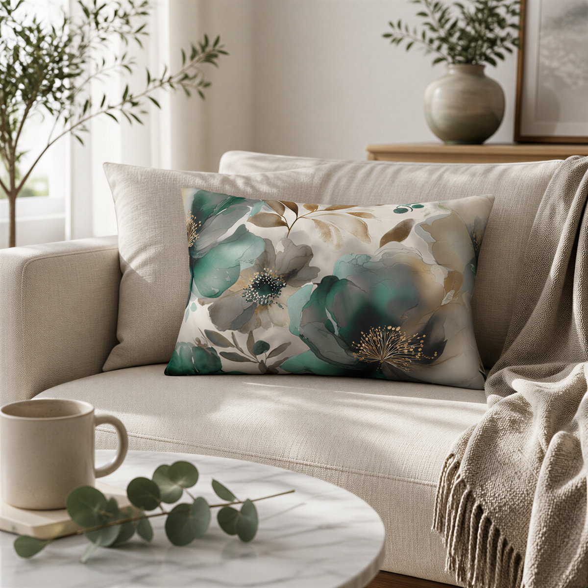a living room with a beige sofa, a white coffee table, and a decorative pillow with a floral design. There are also some plants and a vase on the table, adding to the cozy and inviting atmosphere of the space.