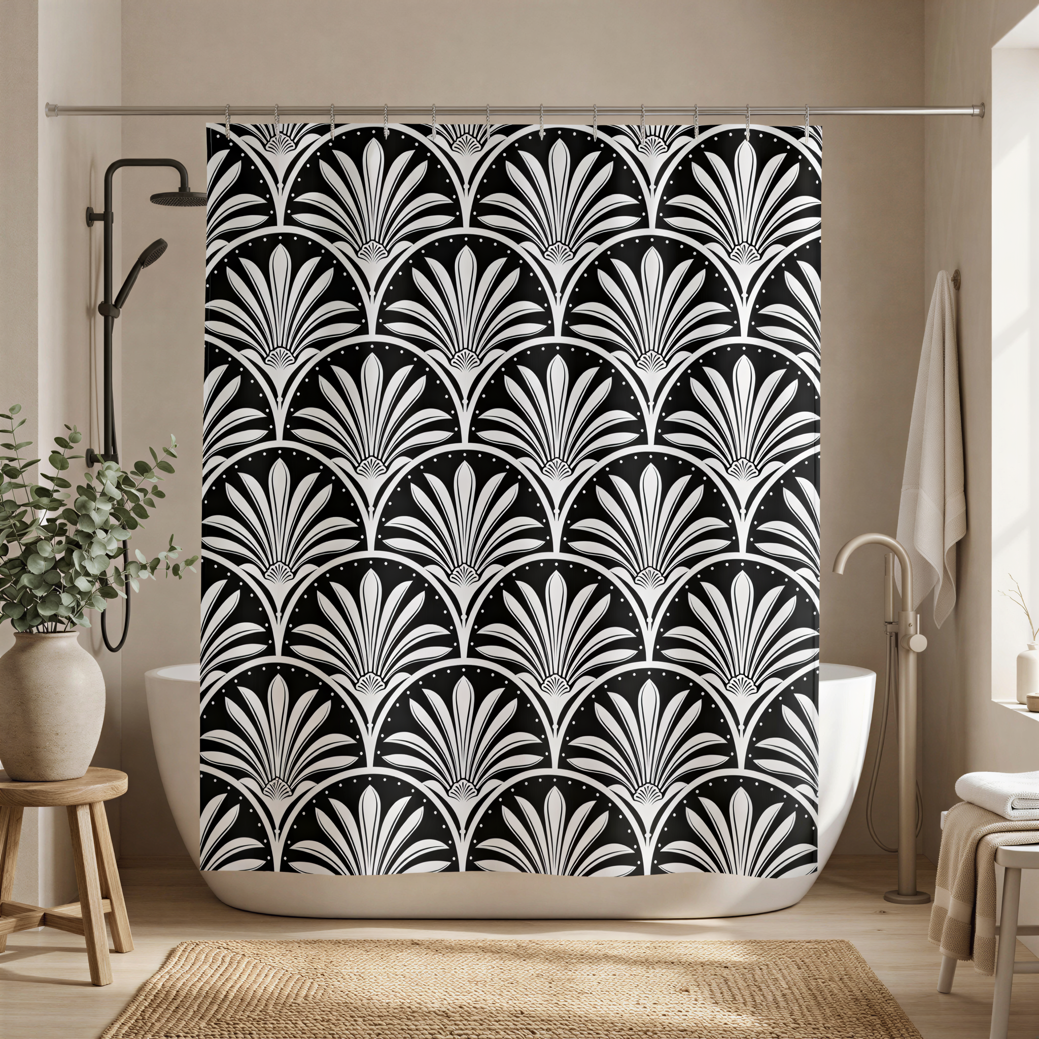 a bathroom with a black and white patterned shower curtain hanging from a rod. The shower curtain has a repeating pattern of stylized white flowers or leaves. The bathroom also includes a bathtub, a potted plant, and a towel rack.