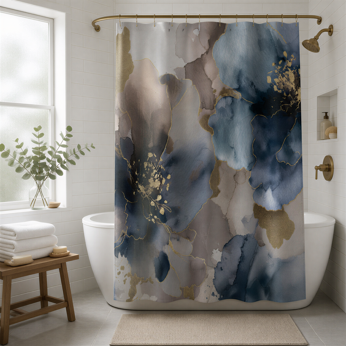 a bathroom with a shower curtain featuring a floral design in shades of blue and gold. The shower curtain is hanging from a rod above a white bathtub. The bathroom also includes a wooden bench, a potted plant, and a window.