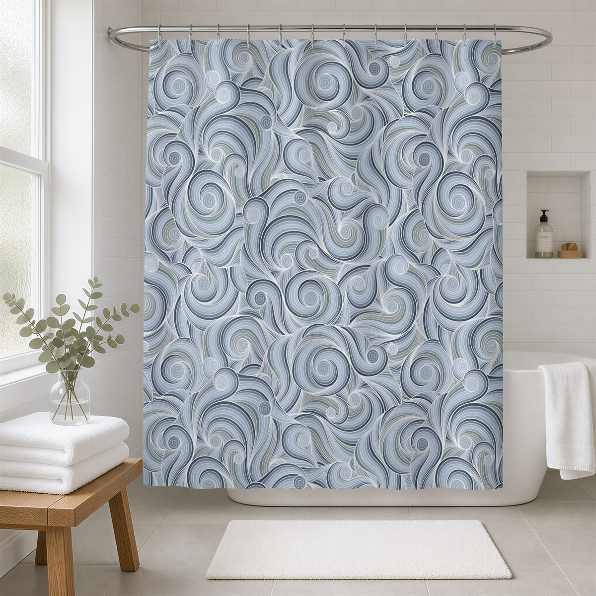 a bathroom with a shower curtain adorned with a swirling pattern in shades of blue and gray. The shower curtain is hanging from a rod, and there is a wooden stool nearby. A small plant is also present in the scene.