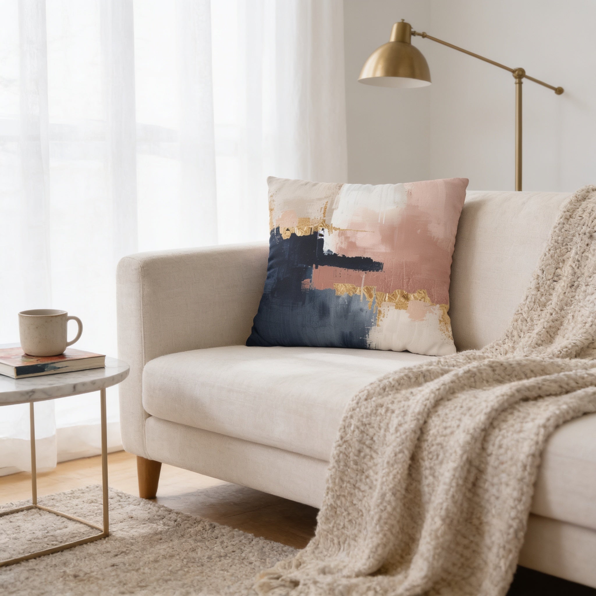 a cozy living room with a white sofa, a gold lamp, and a colorful abstract pillow on the sofa.