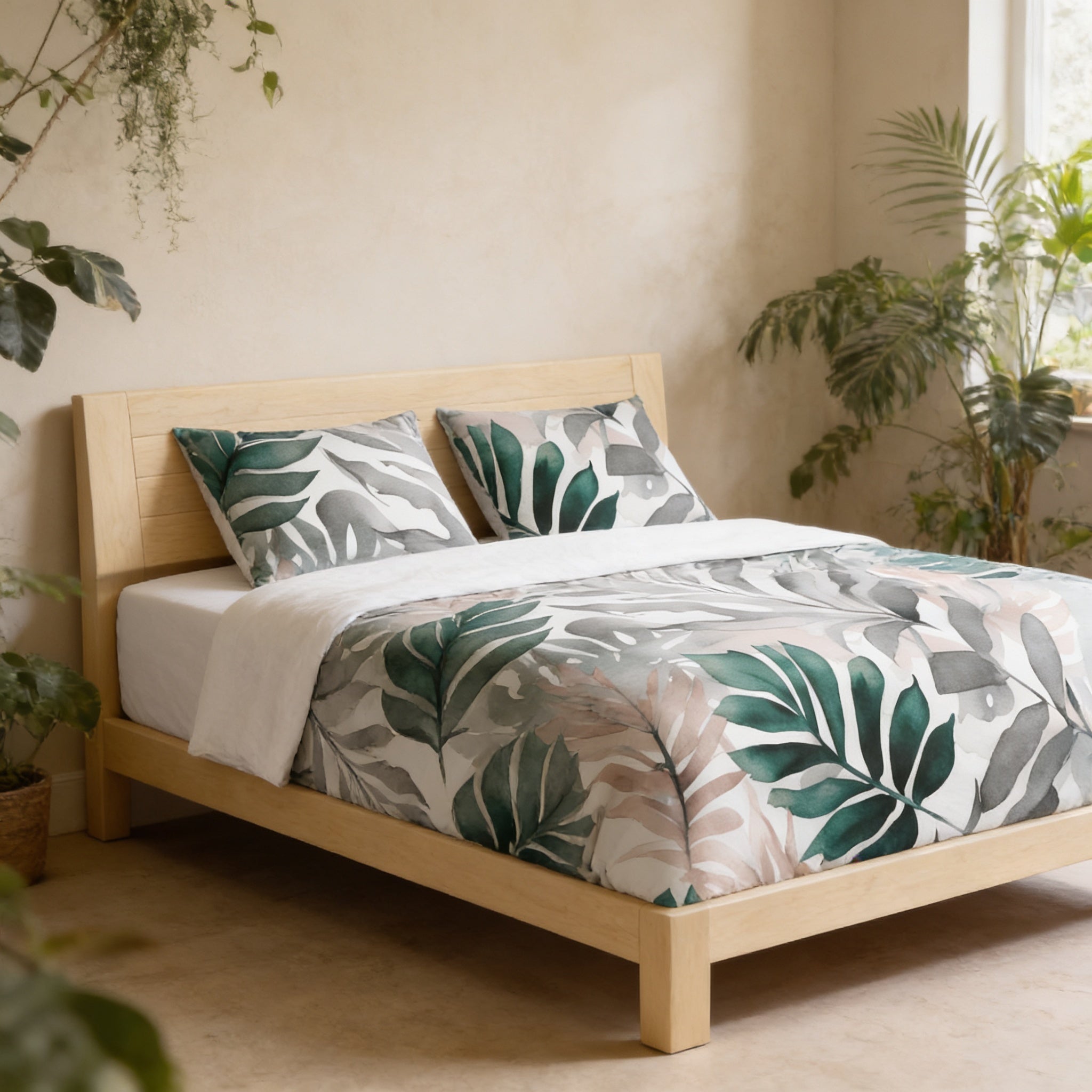 a serene bedroom scene with a wooden bed frame, a white and green leaf-patterned comforter, and two matching pillows. The room is decorated with several potted plants, creating a lush and natural atmosphere.
