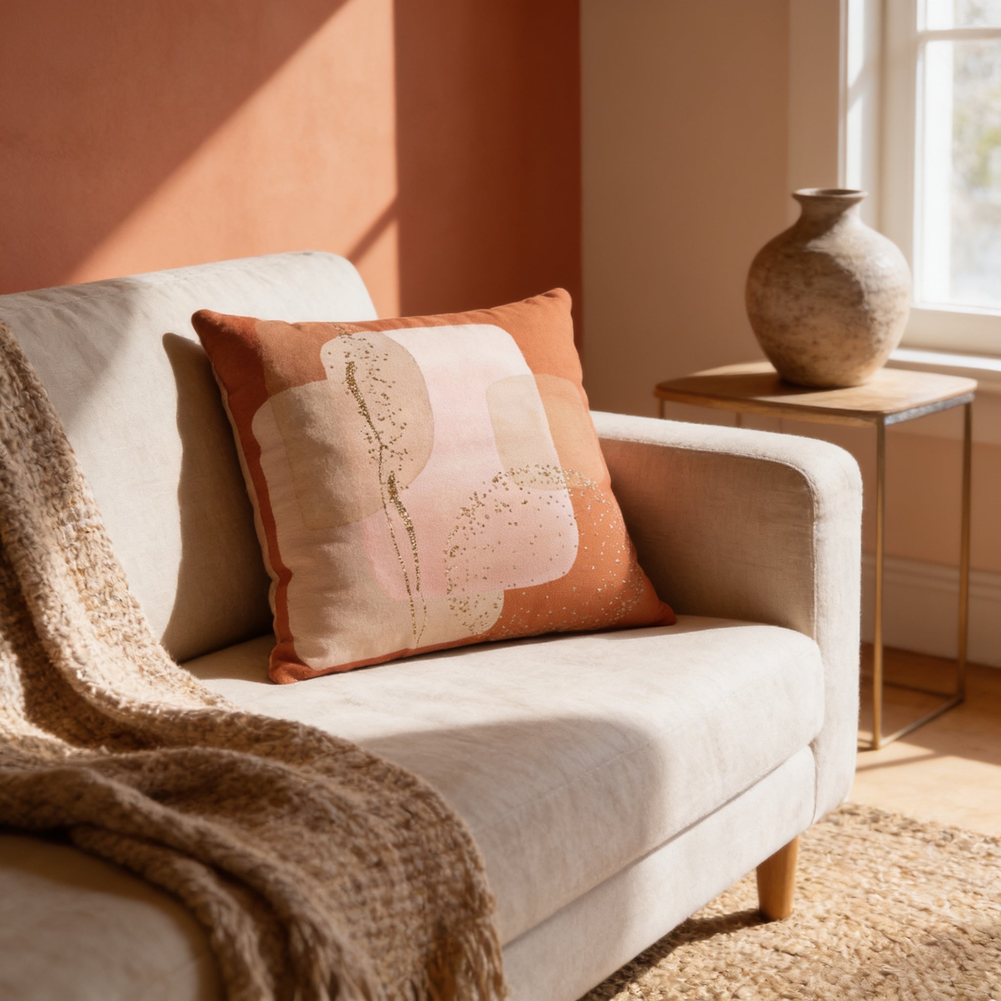 a cozy living room with a beige sofa, a decorative pillow, and a wooden side table with a vase.