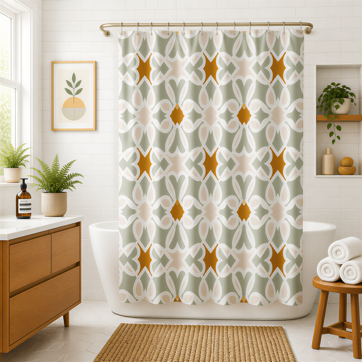 a modern bathroom with a shower curtain featuring a geometric pattern in shades of green, white, and orange. The bathroom is well-decorated with potted plants, a wooden stool, and a rug.
