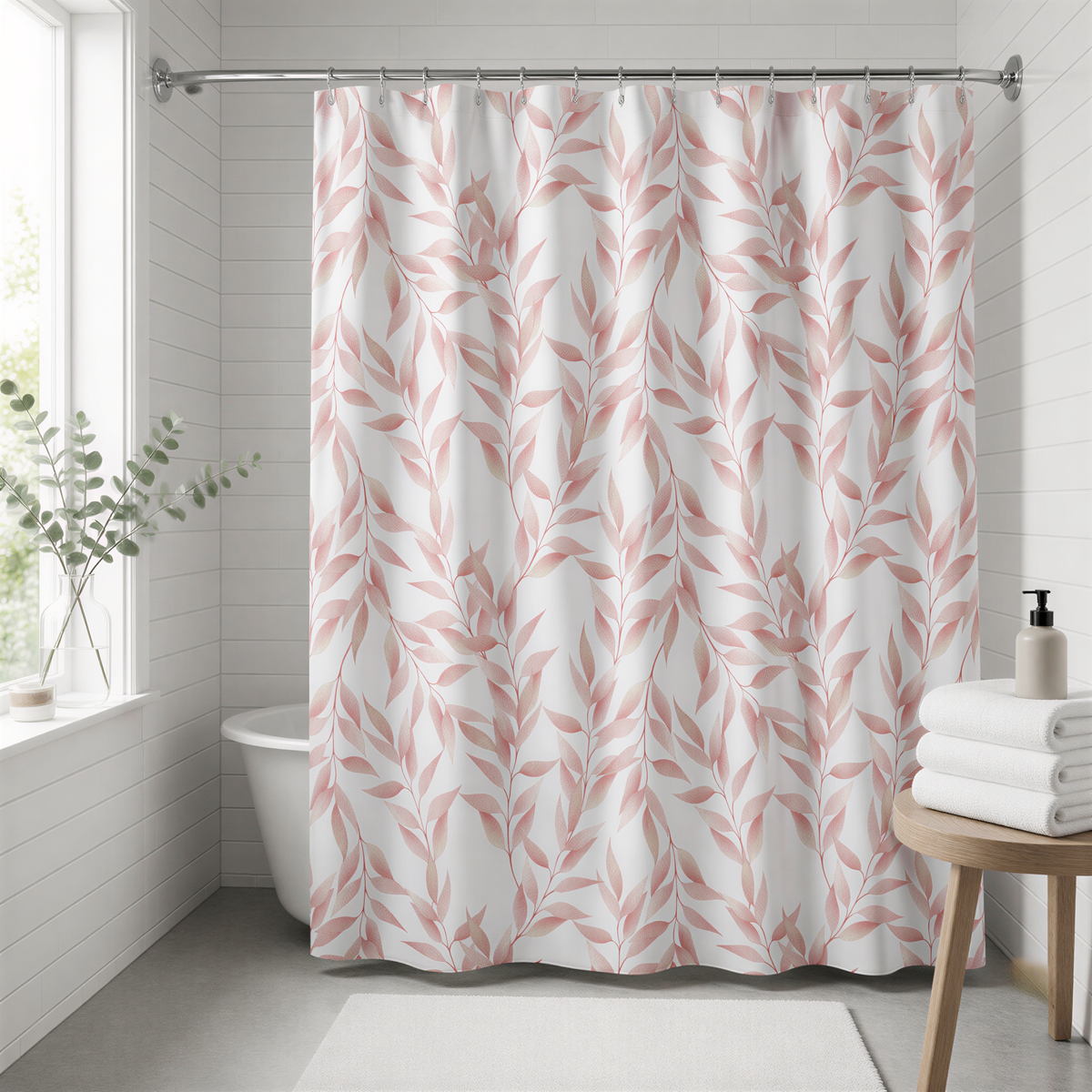 a bathroom with a shower curtain adorned with a leafy pattern in shades of pink and white. The shower curtain is hanging from a rod, and there is a small table with a bottle of soap and a stack of folded towels nearby. The bathroom has a white color scheme, with white walls and a white floor.
