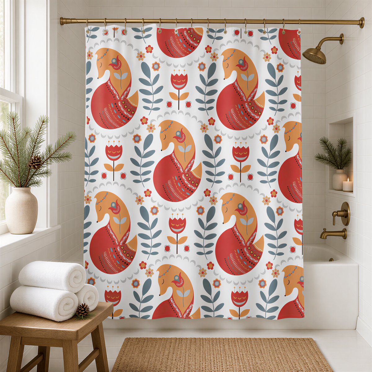 a bathroom with a shower curtain adorned with a repeating pattern of colorful birds and flowers. The shower curtain is hanging from a rod, and there is a wooden stool in front of it. The bathroom also includes a sink and a potted plant, adding to the overall aesthetic of the space.