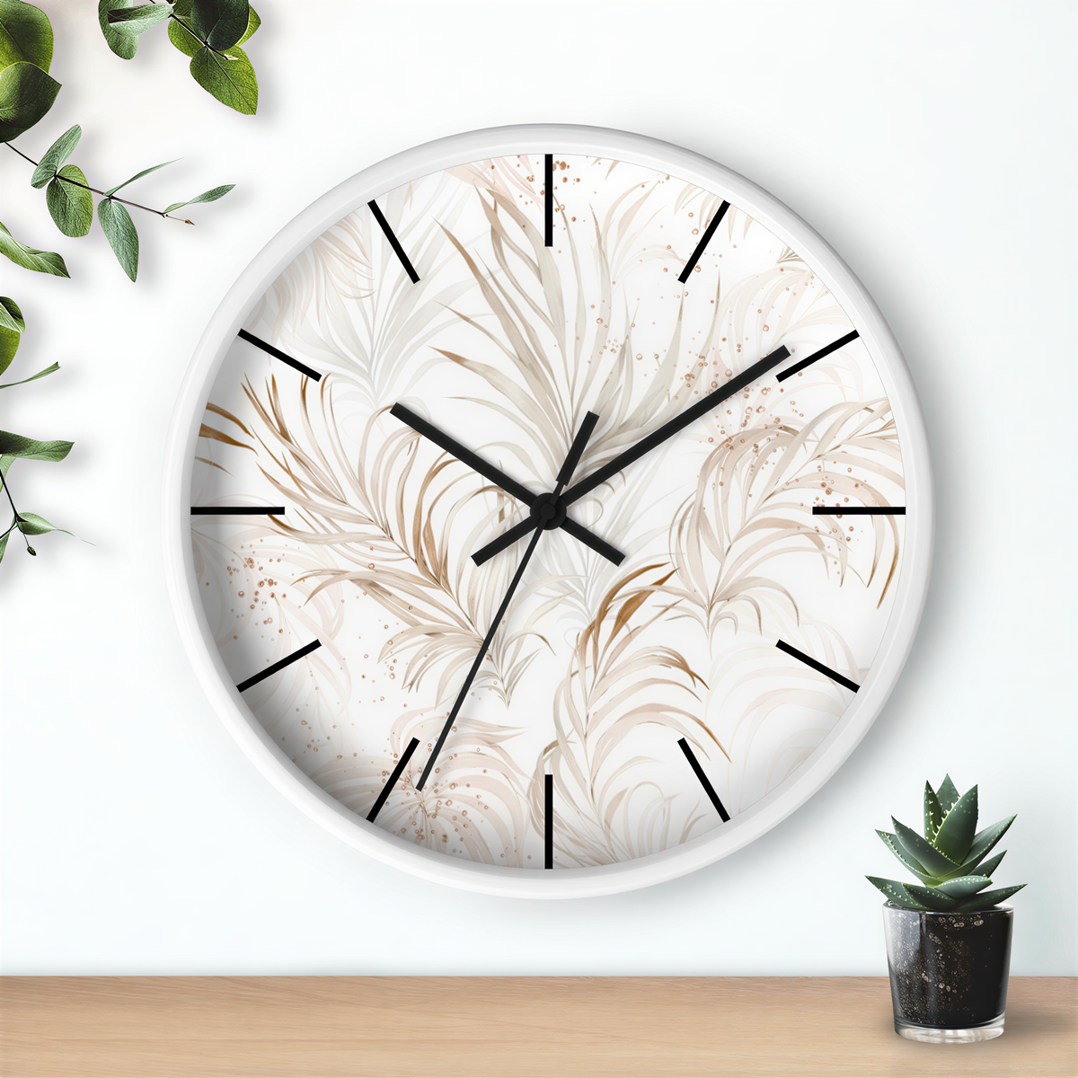 Floral Wood Wall Clock White Beige Leaves styled in a bedroom
