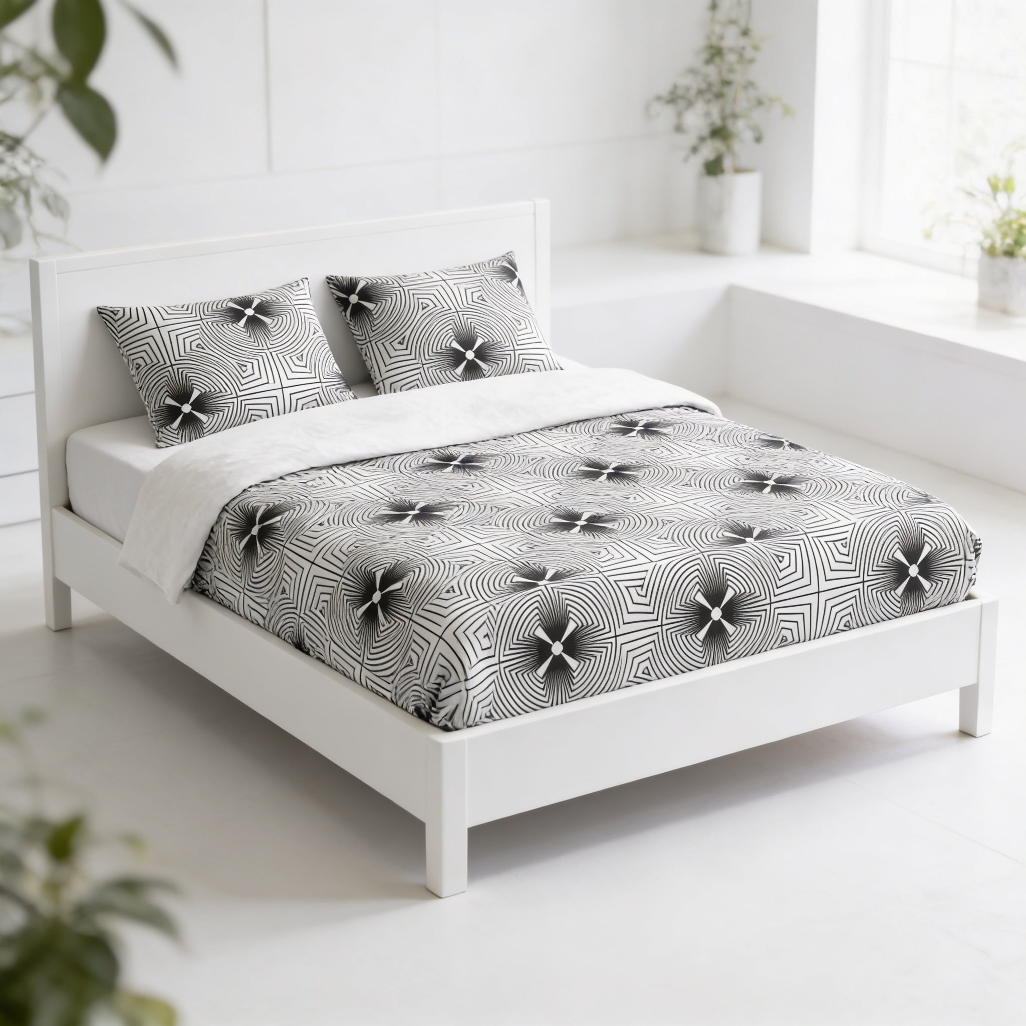 a white bed with a black and white patterned comforter and pillows, set against a white background.