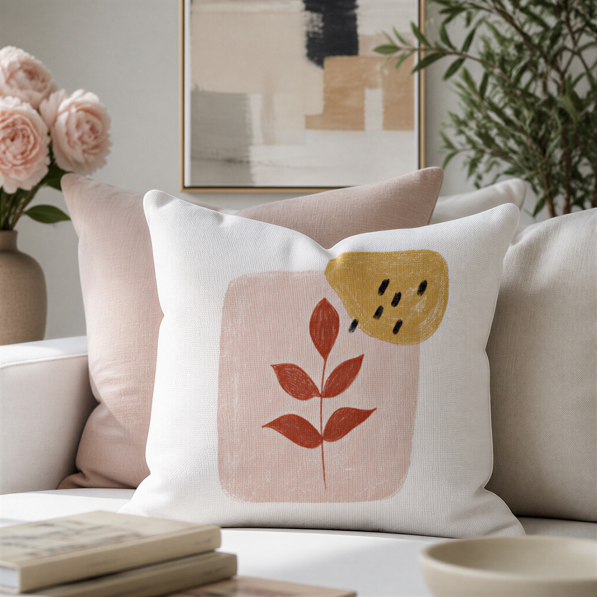a cozy living room with a white sofa adorned with decorative pillows. The pillows have a floral design and a leaf motif, adding a touch of nature to the space. In the background, there is a framed abstract painting, which complements the overall aesthetic of the room. A vase filled with pink roses is also present, further enhancing the warm and inviting atmosphere of the living area.