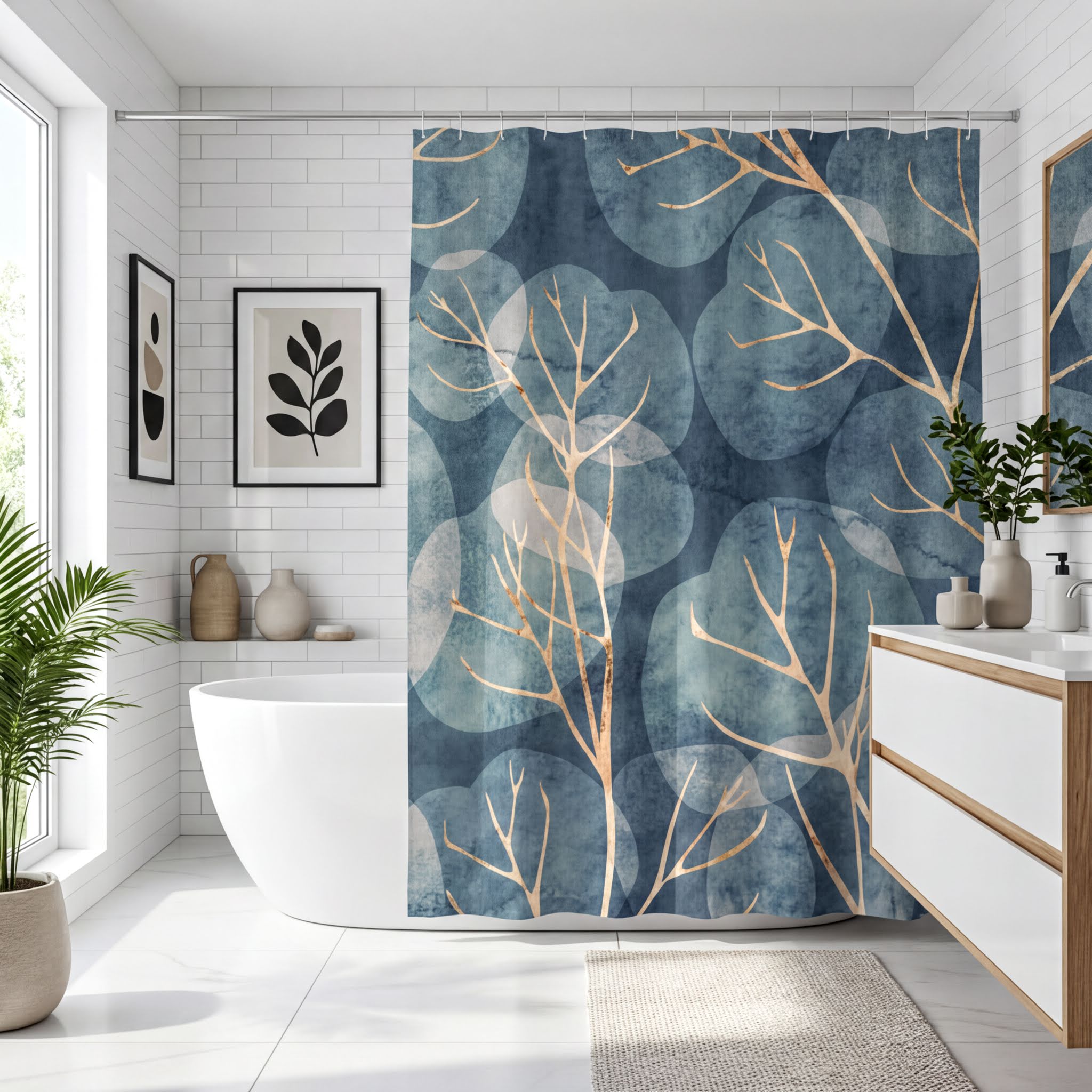 a modern bathroom with a white bathtub, a large blue and gold leaf-patterned shower curtain, and various decorative elements such as a potted plant and a vase.