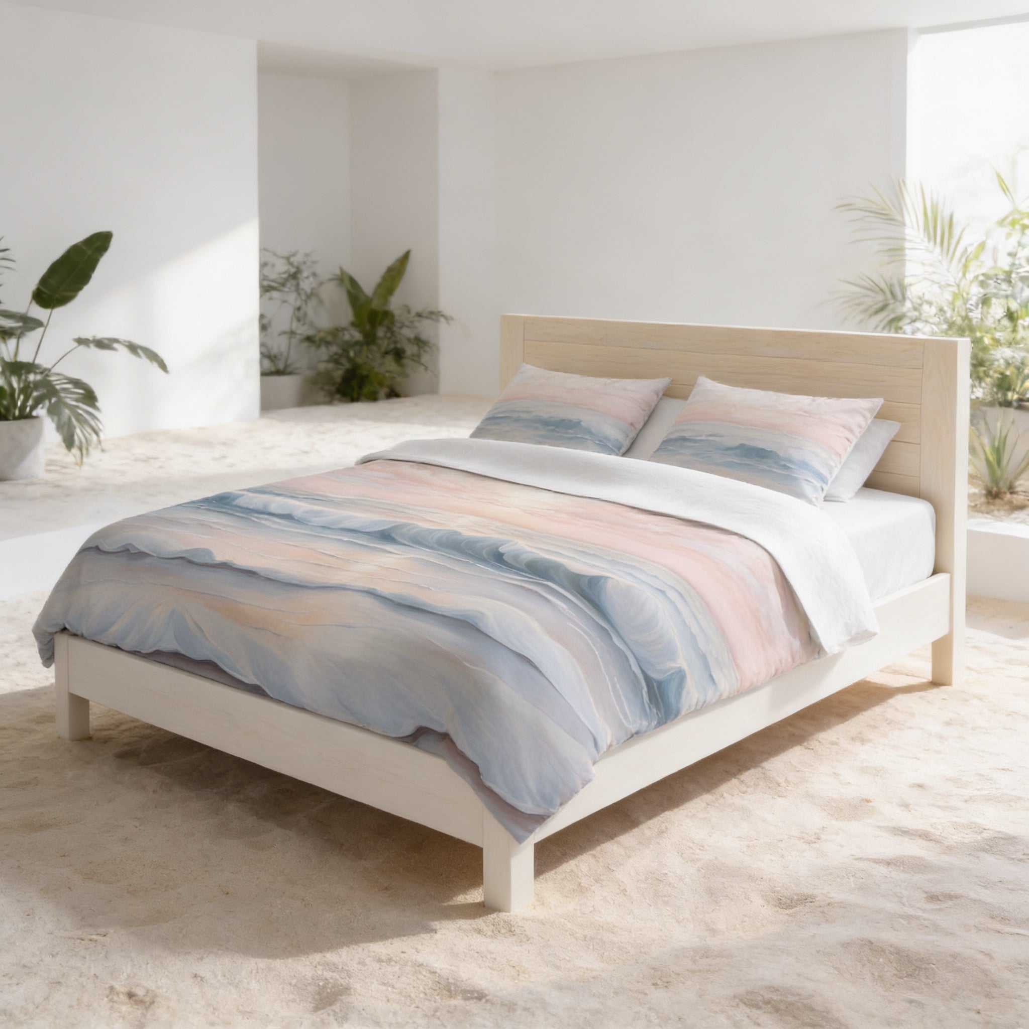 a modern bedroom with a white bed frame and a colorful striped comforter. The room has a minimalist and clean design, with white walls and a sandy-colored carpet. There are also some potted plants in the room, adding a touch of greenery to the space.
