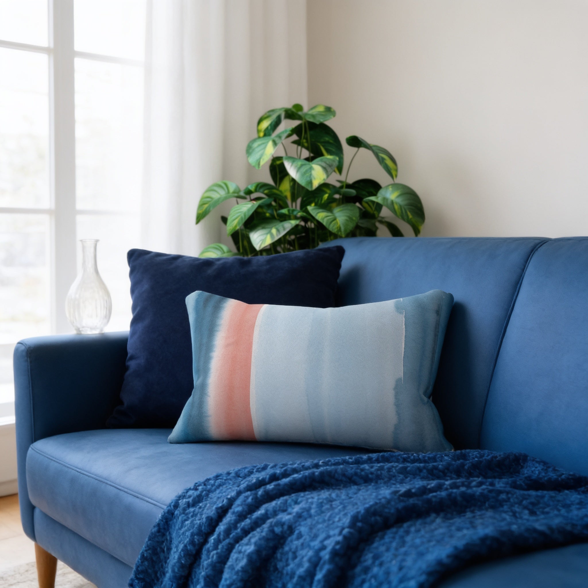 a cozy living room with a blue couch adorned with a blue and orange striped pillow, a blue blanket, and a vase on the windowsill. A potted plant is visible in the background, adding a touch of greenery to the space.