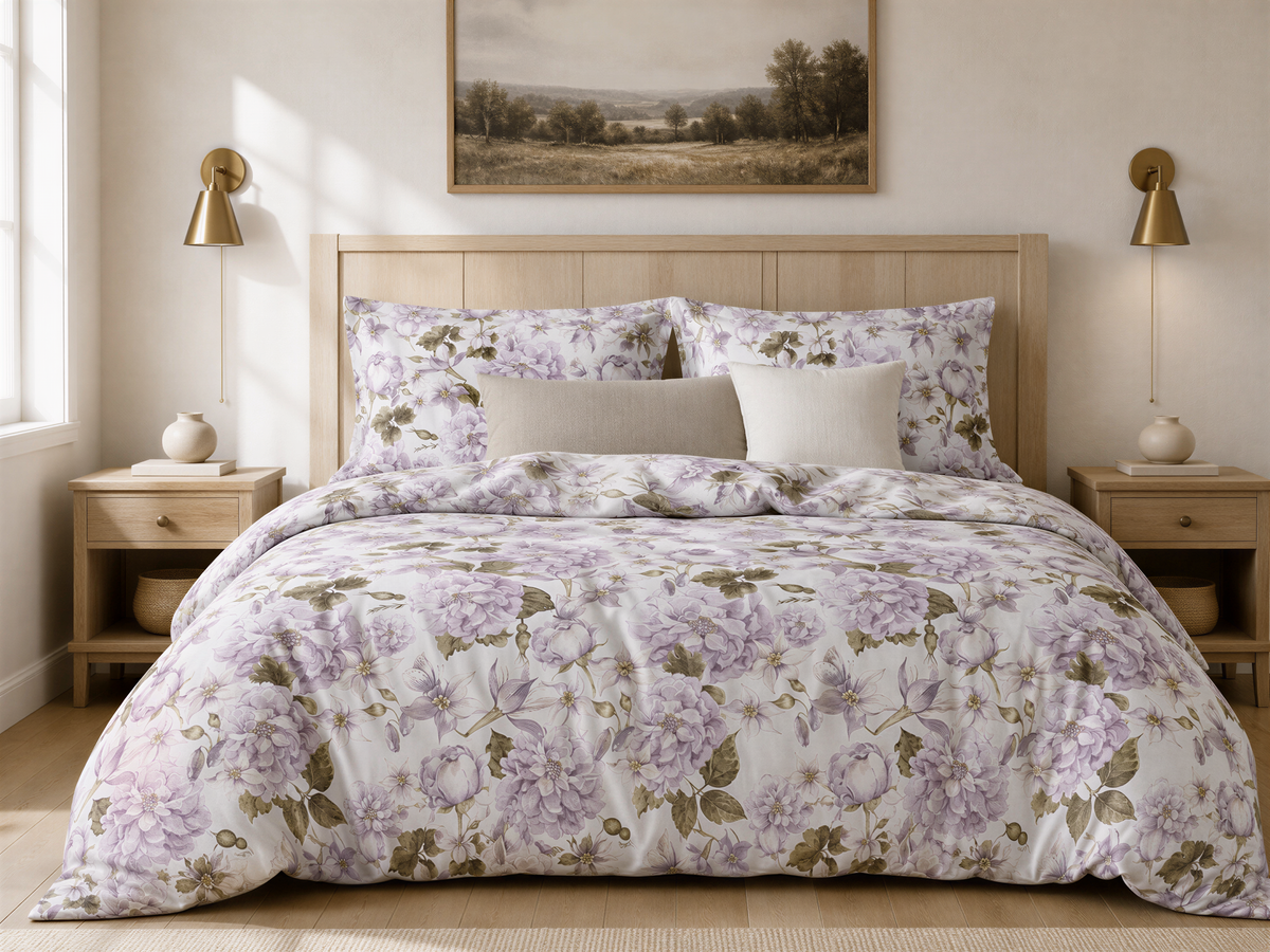 a bedroom with a large bed covered in a floral comforter and pillows. The bed is framed by a wooden headboard and flanked by two nightstands with lamps. Above the bed, there is a painting of a landscape.