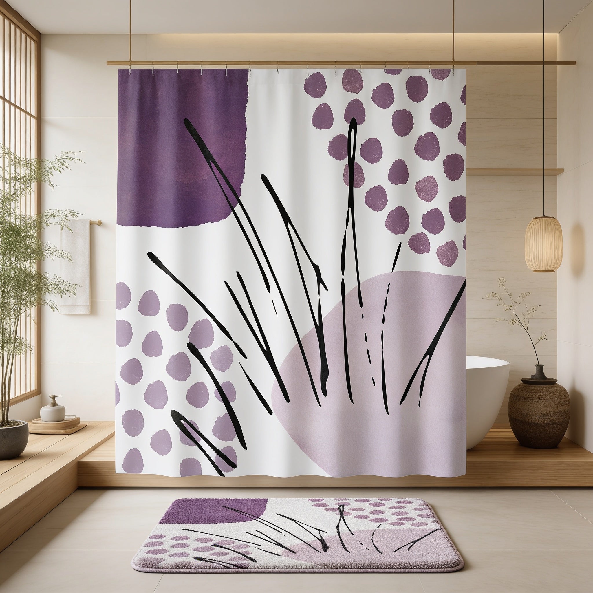 a modern bathroom with a large abstract shower curtain featuring purple and white polka dots, hanging from a rod. The bathroom has a minimalist design with a wooden floor, a white sink, and a potted plant.
