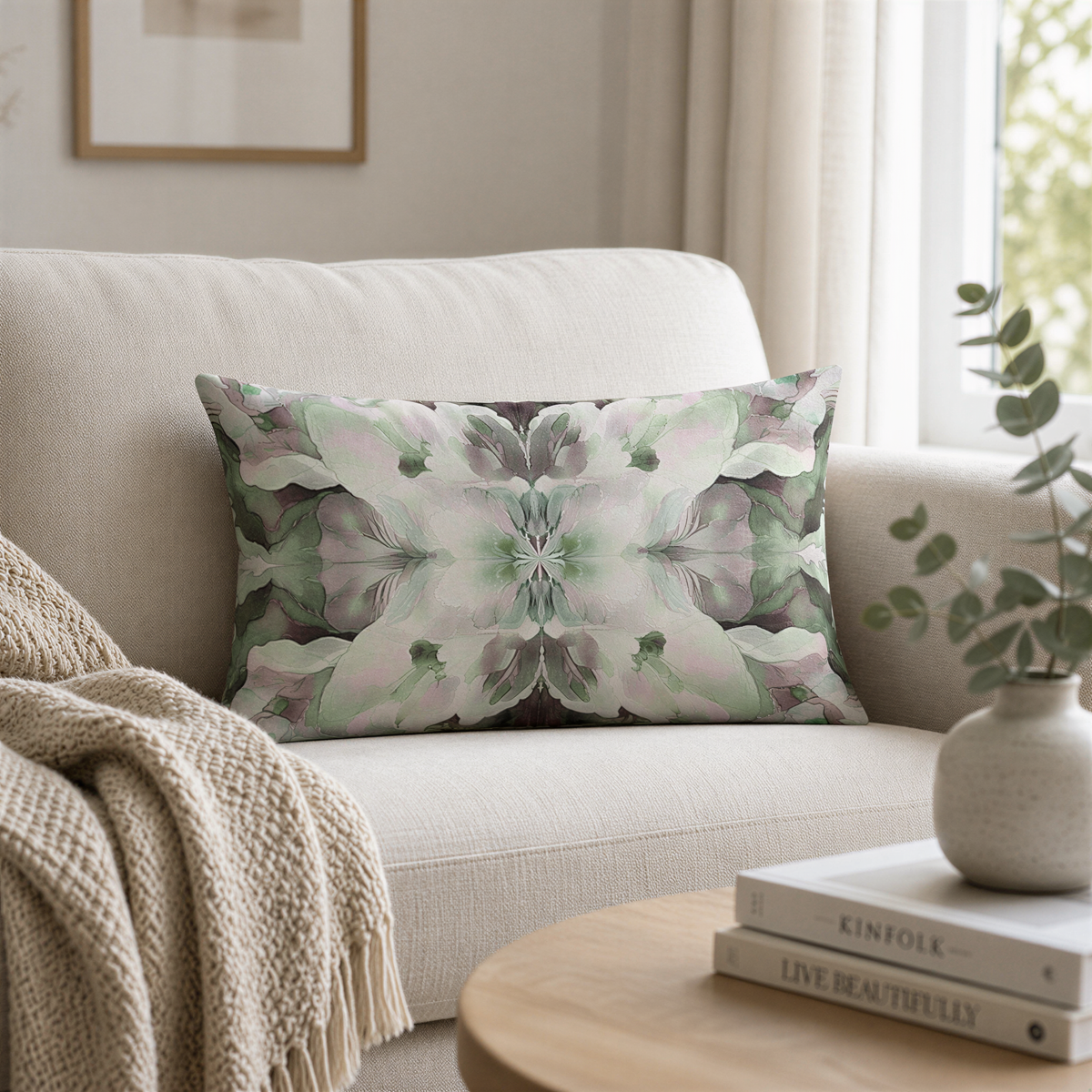 a cozy living room with a white sofa, a decorative throw pillow with a floral pattern, a wooden coffee table with books, and a potted plant on the table.