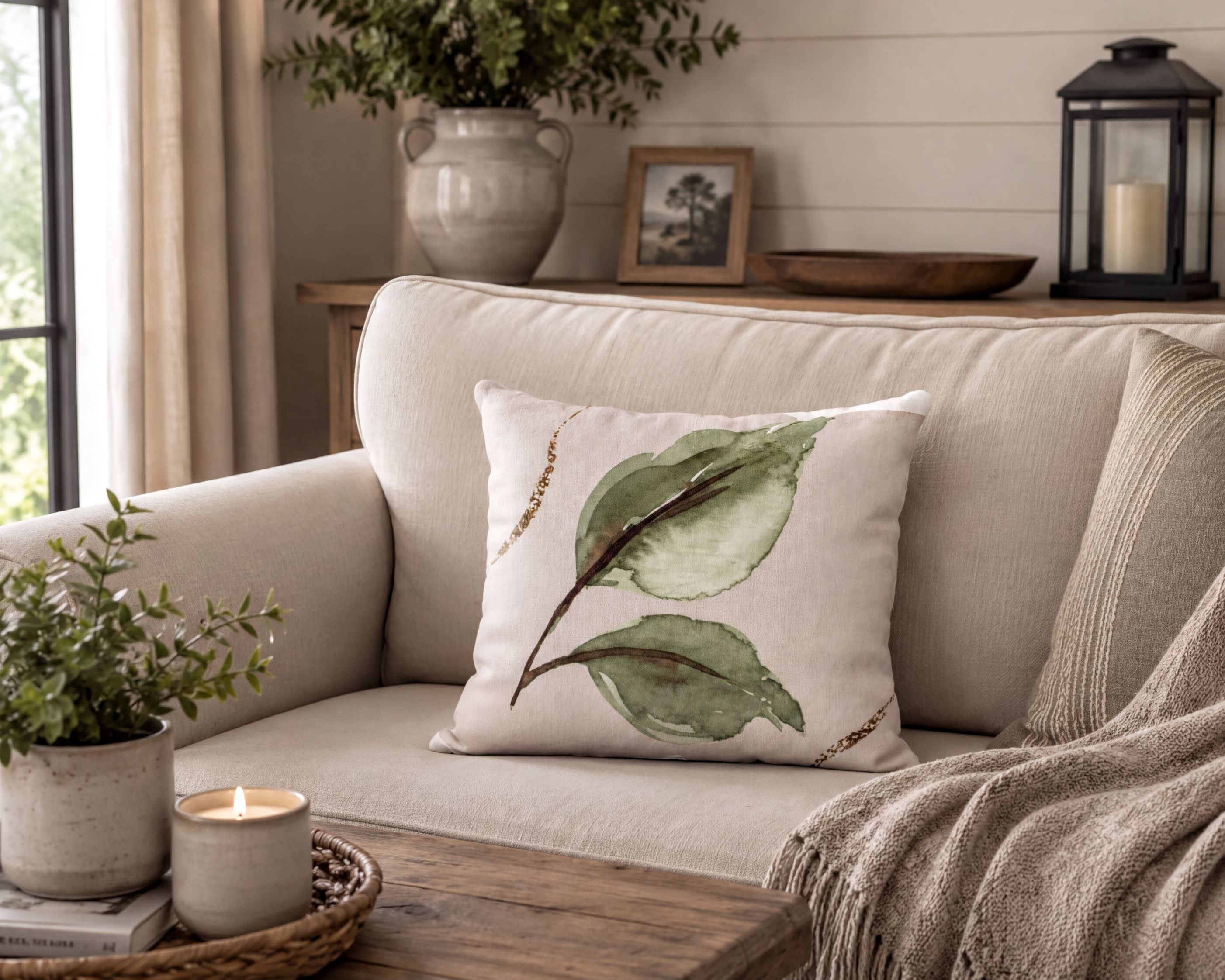 a cozy living room with a beige sofa adorned with a green leaf-patterned pillow. A lit candle sits on a wooden tray, and a plant is placed on the sofa. The room also includes a wooden coffee table, a picture frame, and a lantern, creating a warm and inviting atmosphere.