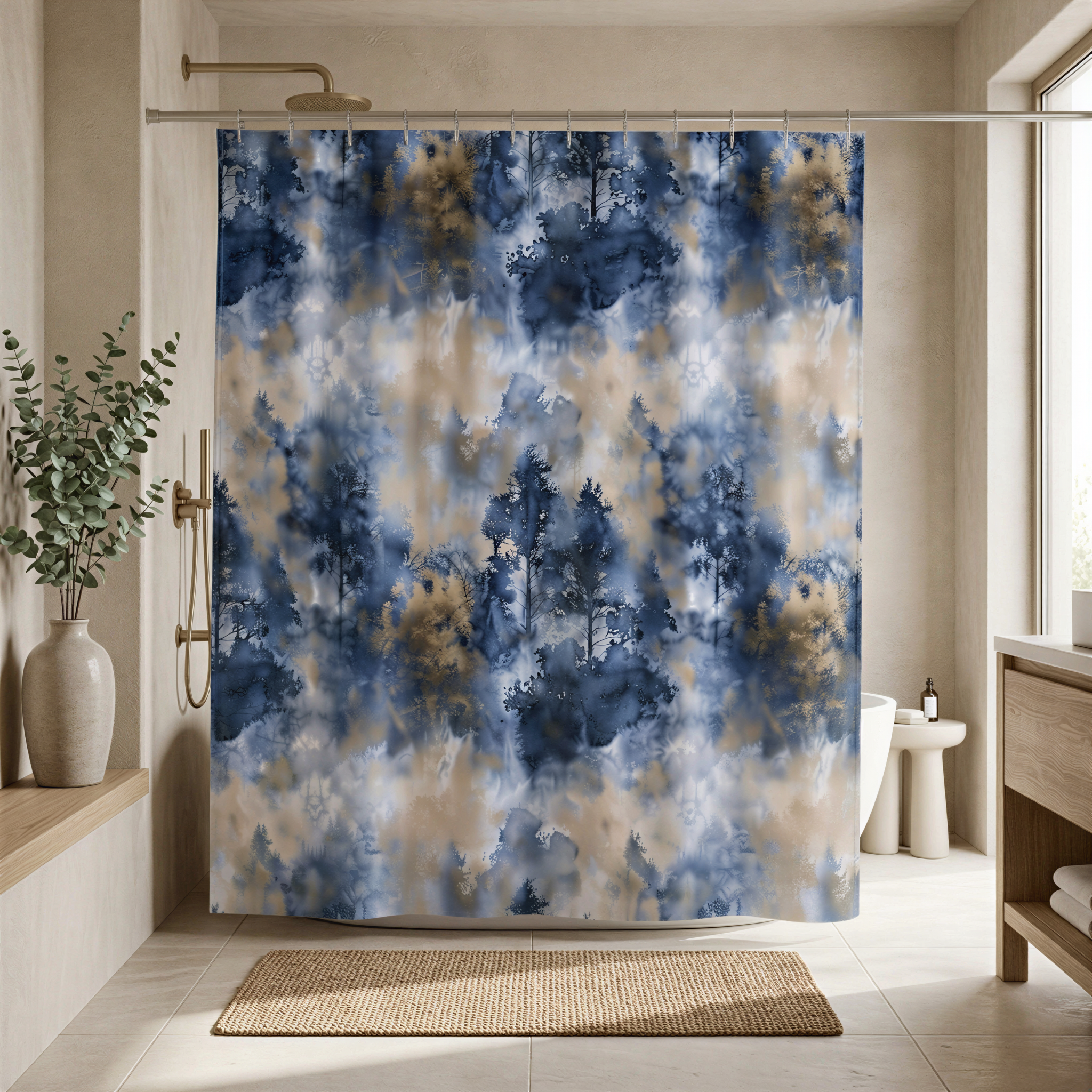 a bathroom with a large blue and white abstract patterned shower curtain hanging from a rod. The curtain has a mix of blue, white, and brown colors, creating a visually striking design. The bathroom also includes a sink, a toilet, and a rug on the floor.