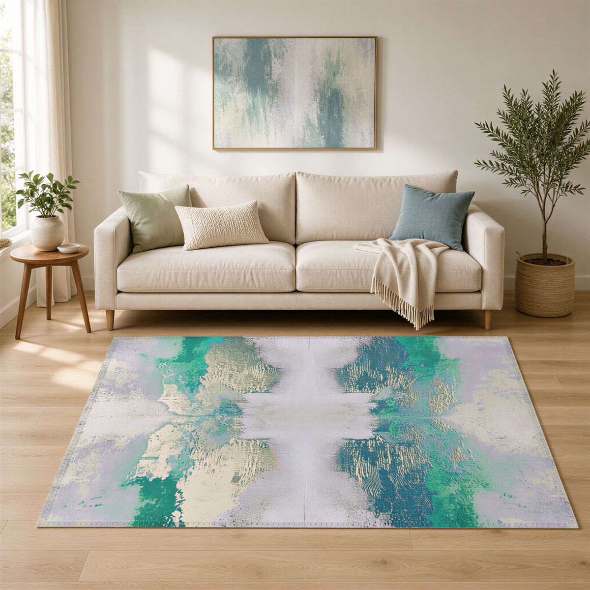 a cozy living room with a beige sofa, a large abstract rug, and a framed artwork on the wall.