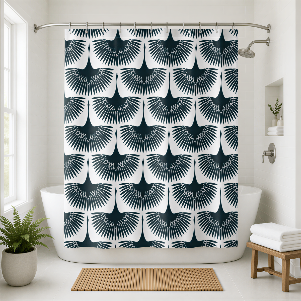 a bathroom with a shower curtain adorned with a repeating pattern of black and white birds. The shower curtain is hanging from a rod, and there is a wooden bench and a potted plant in the room.