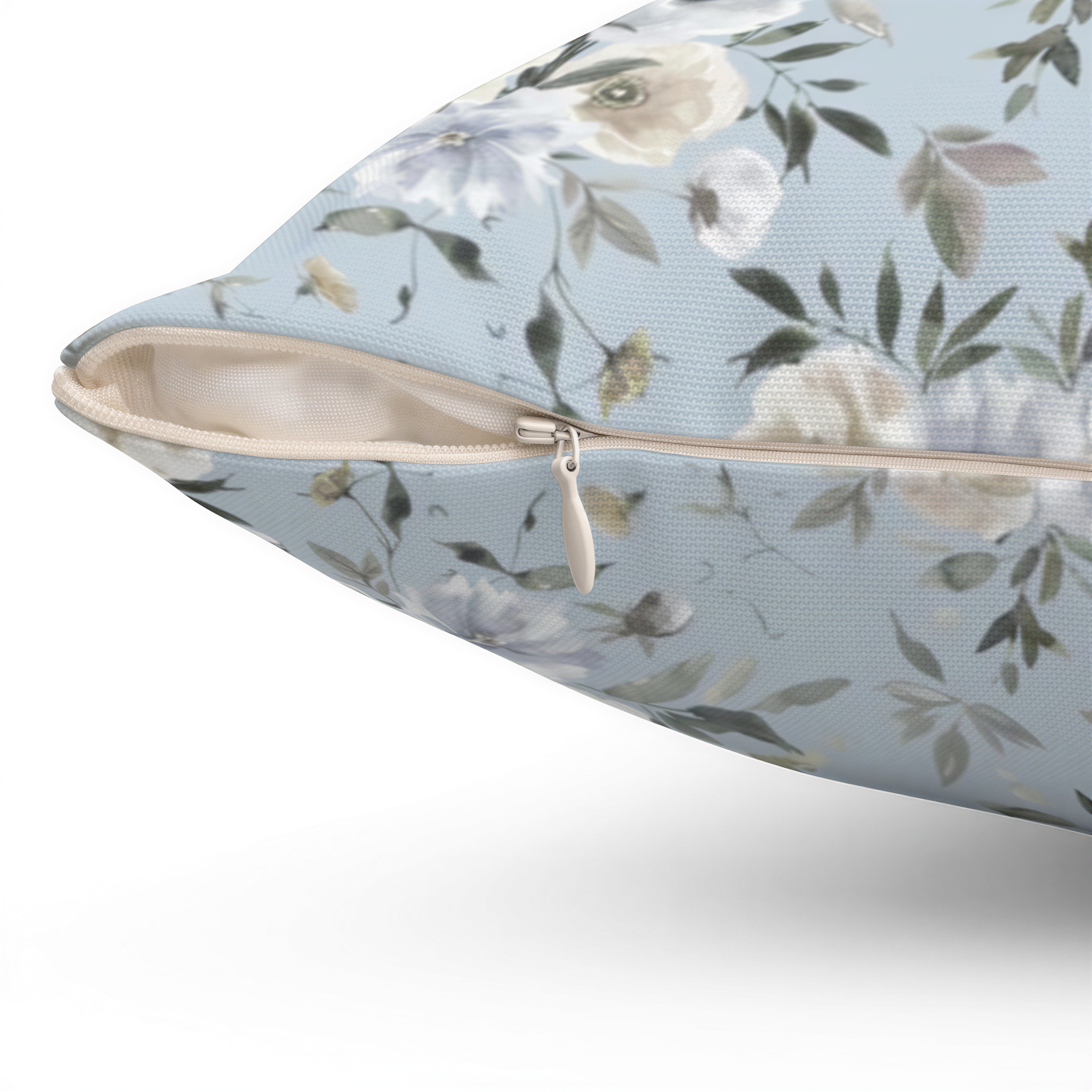 Floral Boho Pillow Cover Pastel Blue Grey White Poppies Green
