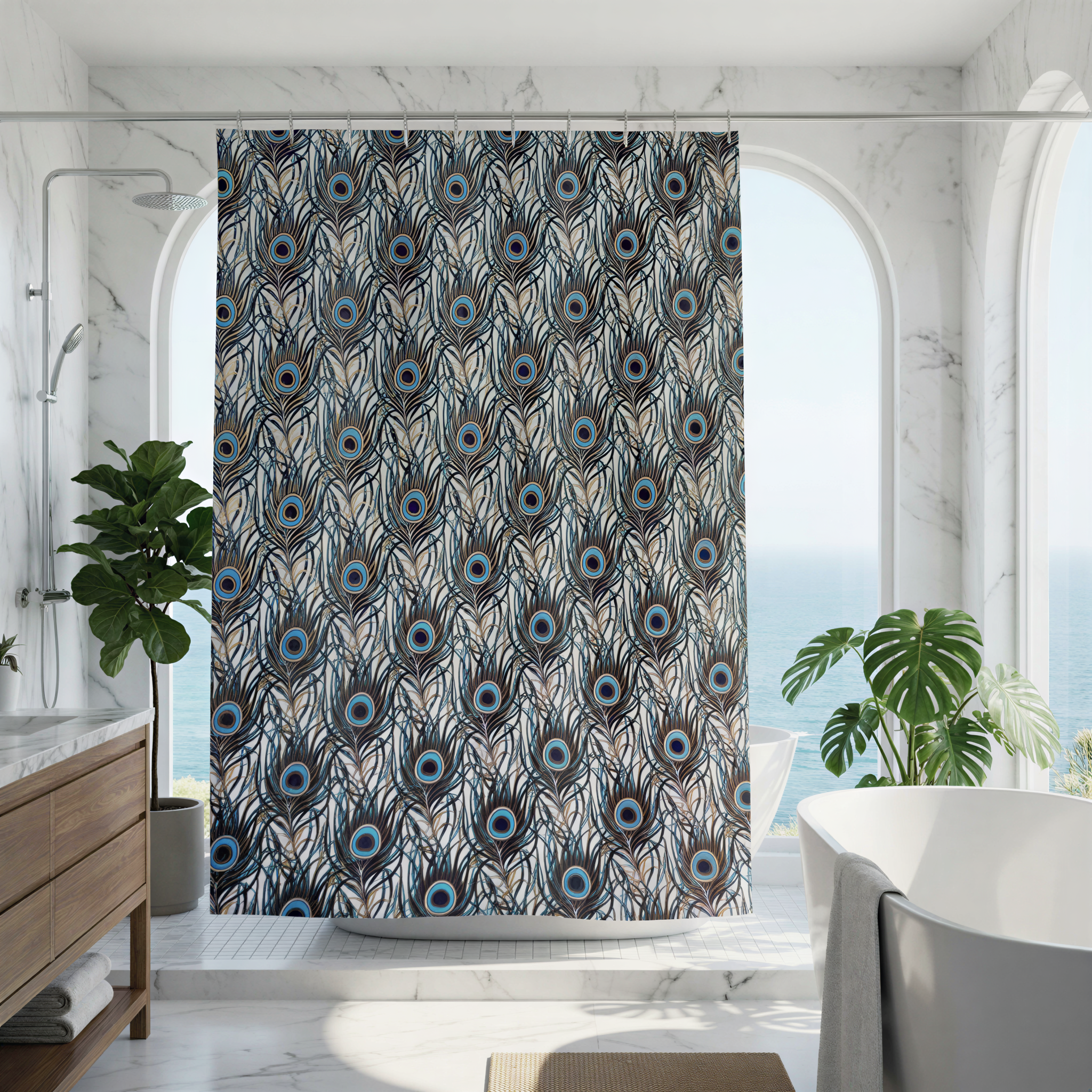 a modern bathroom with a large window overlooking the ocean. The bathroom features a white bathtub, a sink, and a shower curtain with a peacock feather pattern. The room has marble walls and a wooden vanity, creating a luxurious and serene atmosphere.