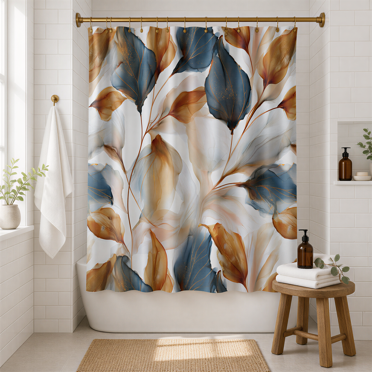 a bathroom with a shower curtain adorned with a floral pattern in shades of blue, orange, and white. The shower curtain is hanging from a rod, and there is a wooden stool nearby. The bathroom also includes a window, a plant, and some bottles, creating a cozy and inviting atmosphere.