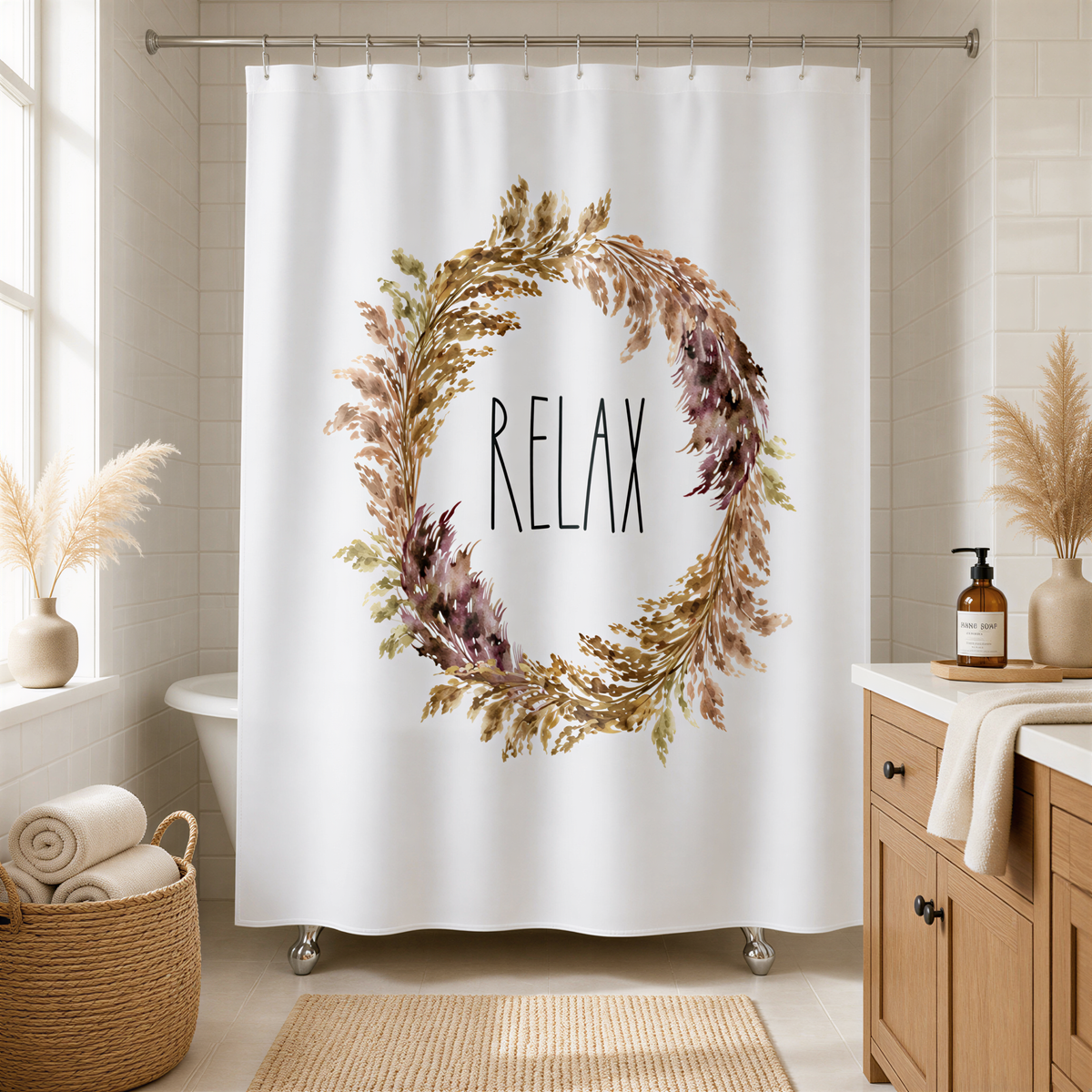 A bathroom with a shower curtain featuring a wreath design and the word "RELAX" written on it.