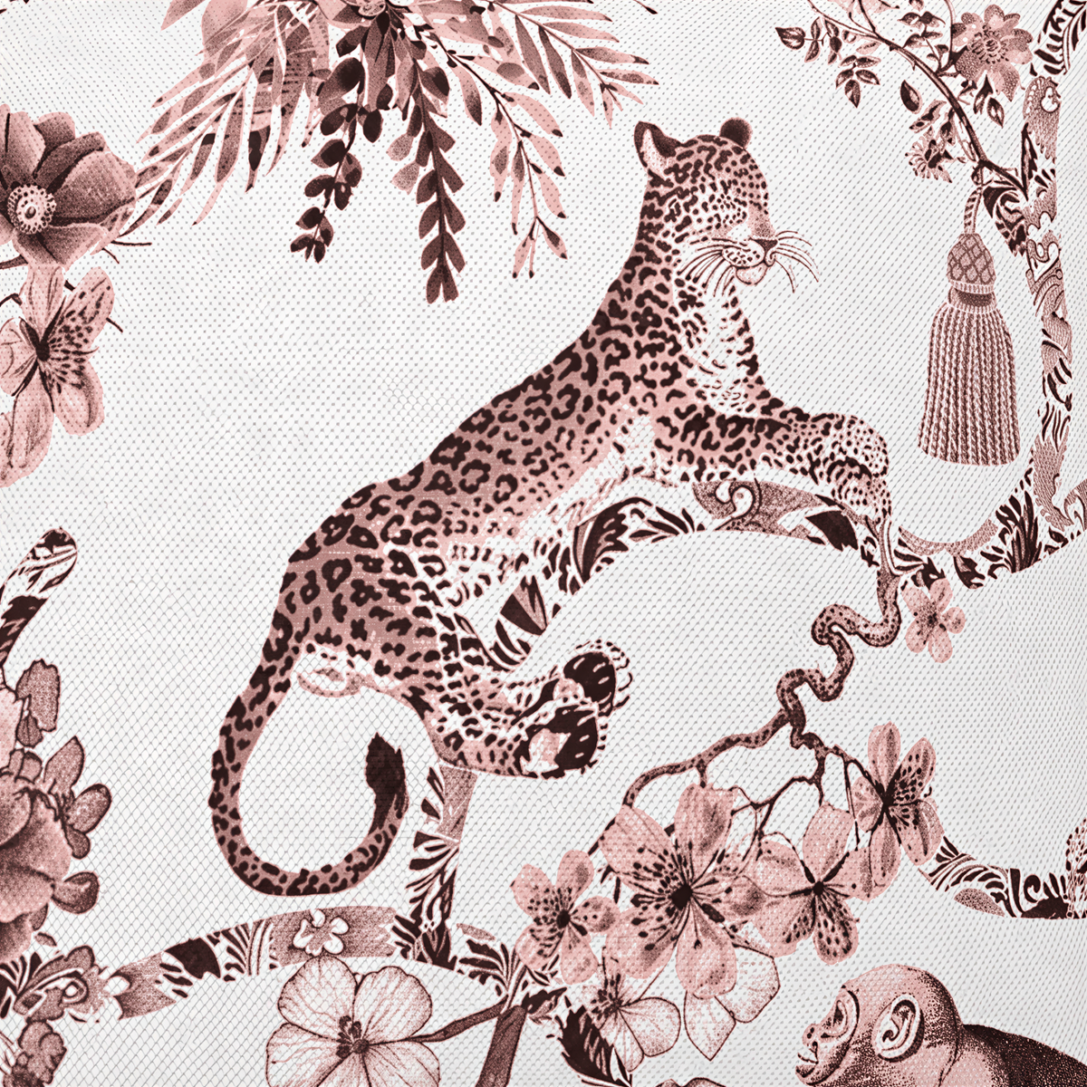 a leopard and a monkey in a lush, floral-patterned setting.