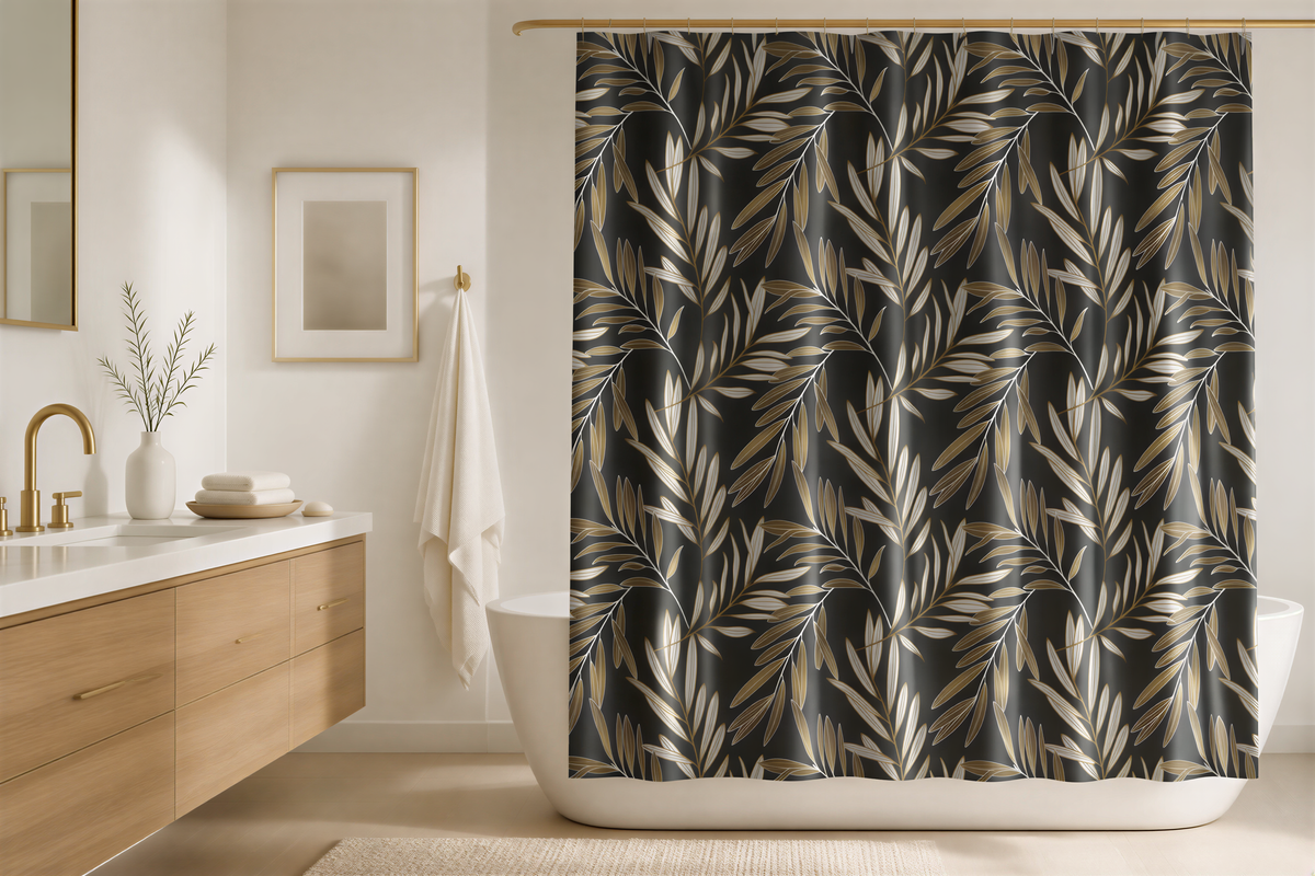 a modern bathroom with a large black and gold leaf-patterned shower curtain, a wooden vanity, and a framed picture on the wall.
