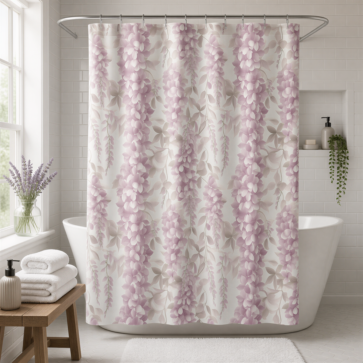 a bathroom with a shower curtain adorned with a floral pattern in shades of purple and white. The shower curtain is hanging from a rod above a white bathtub. The bathroom also includes a wooden bench, a vase of purple flowers, and a shelf with toiletries.