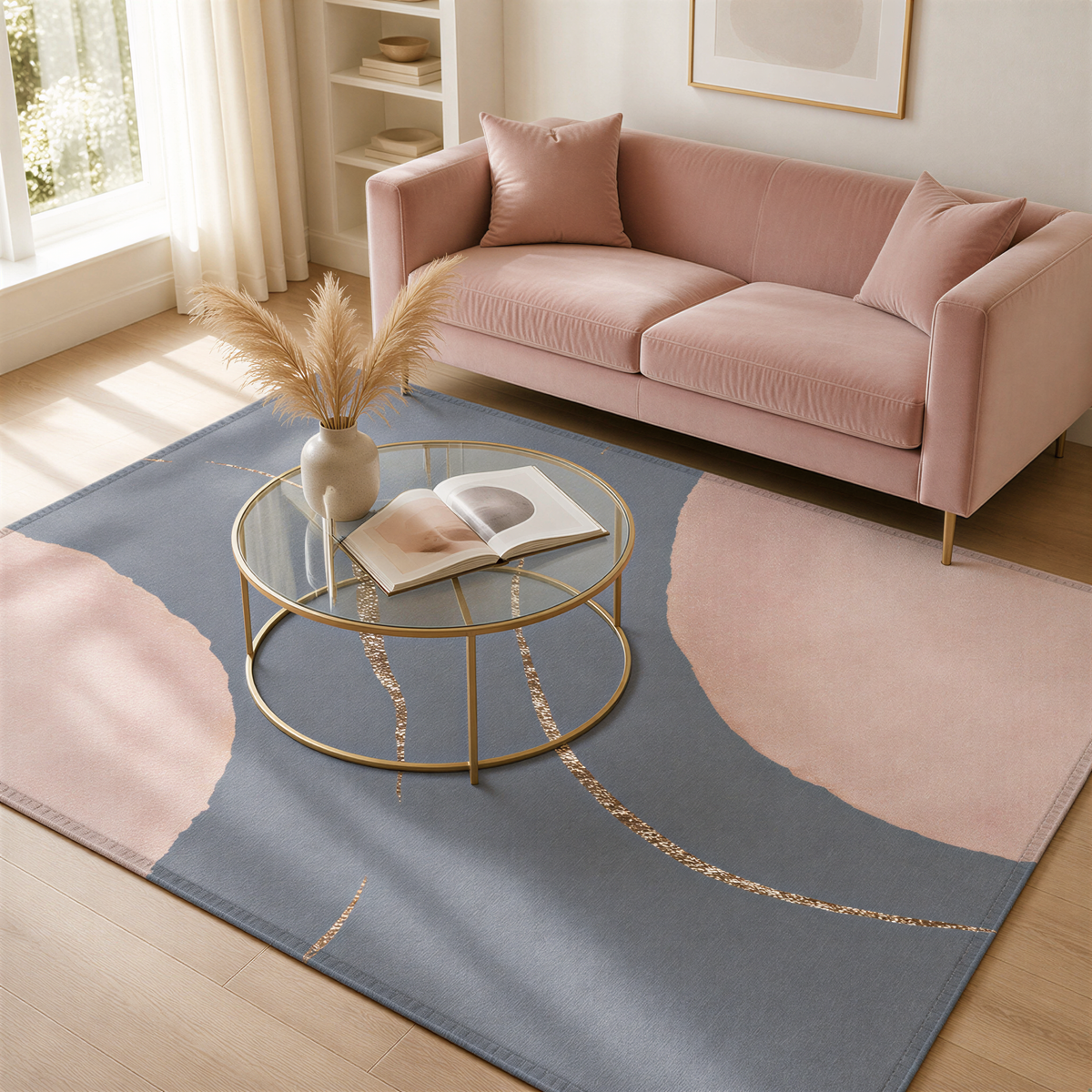 A cozy living room with a pink sofa, a glass-topped coffee table, and a decorative rug with a geometric pattern in shades of blue and pink.