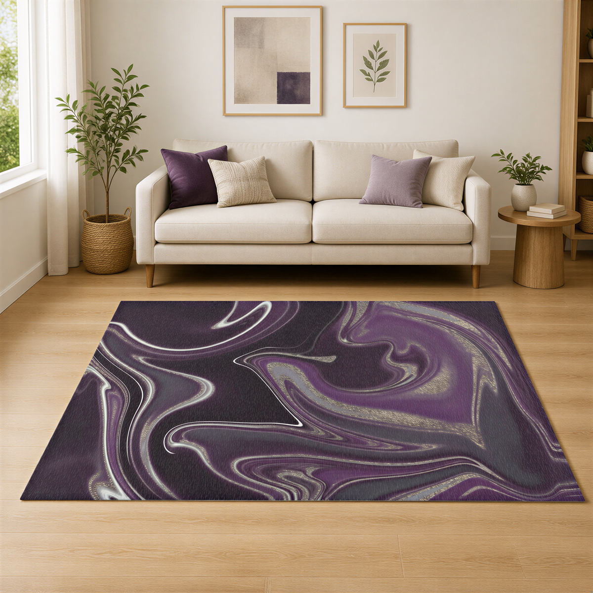 a living room with a beige sofa, a large abstract rug with purple swirls, and various decorative elements such as potted plants and framed artwork on the walls.