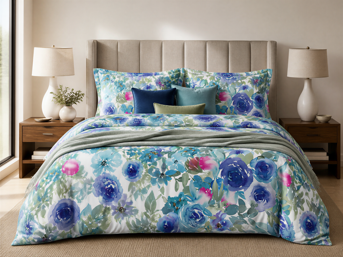 a bedroom with a floral-patterned bedspread and pillows, flanked by two nightstands with lamps.