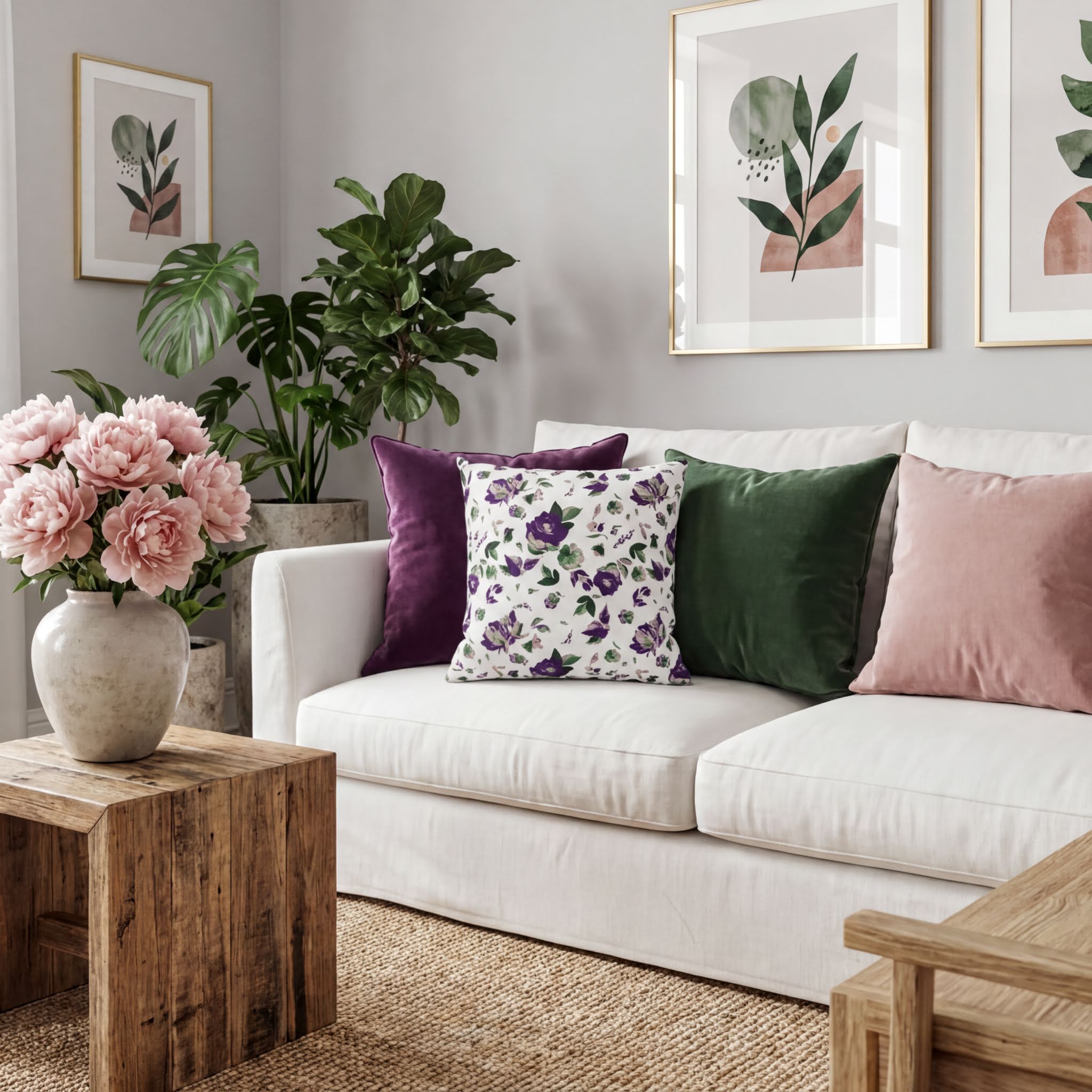 a cozy living room with a white sofa adorned with colorful throw pillows, a wooden coffee table, and a vase of pink flowers. The room is decorated with framed artworks and plants, creating a warm and inviting atmosphere.