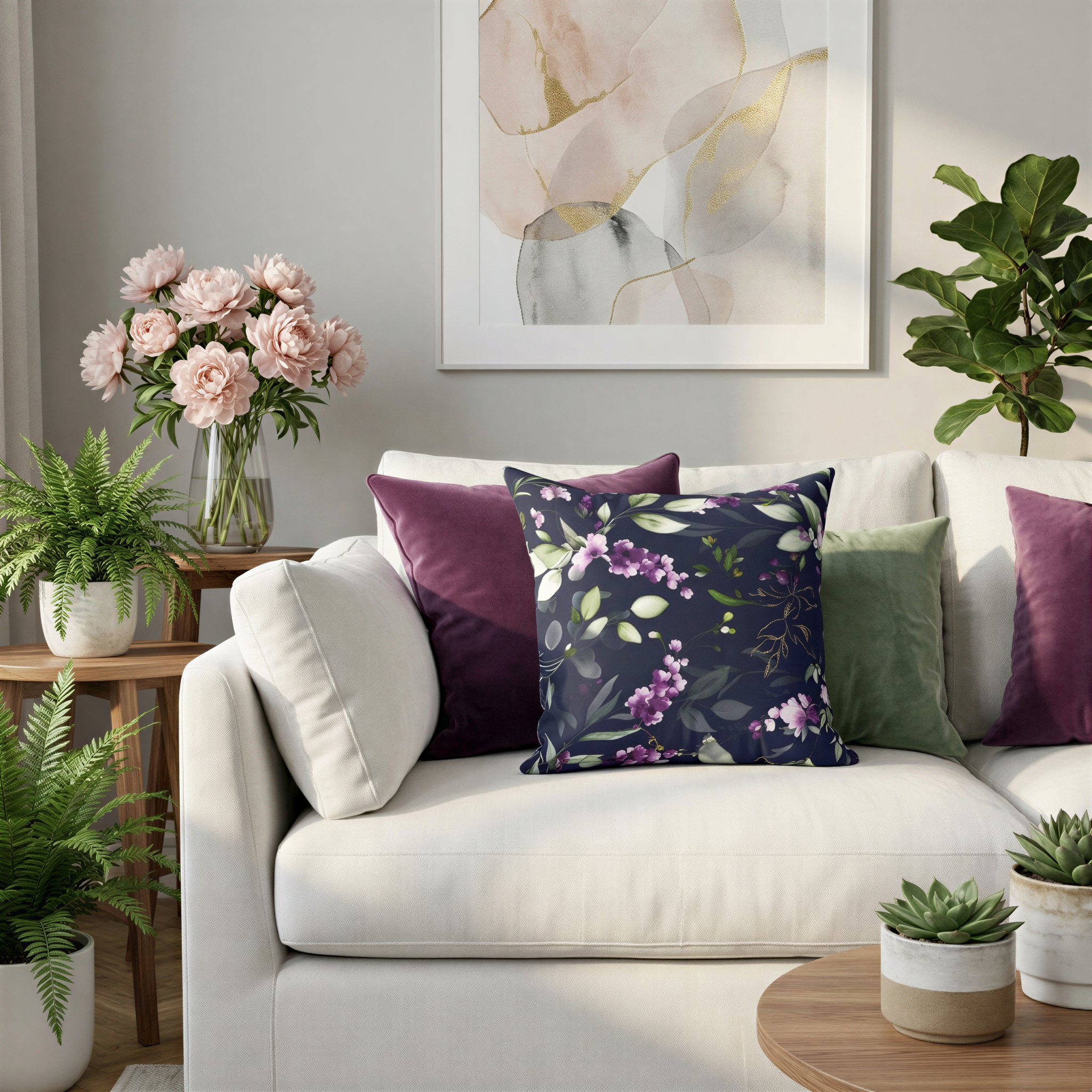 a cozy living room with a white sofa adorned with colorful pillows and a vase of pink flowers. The room is decorated with potted plants and a framed abstract painting on the wall.