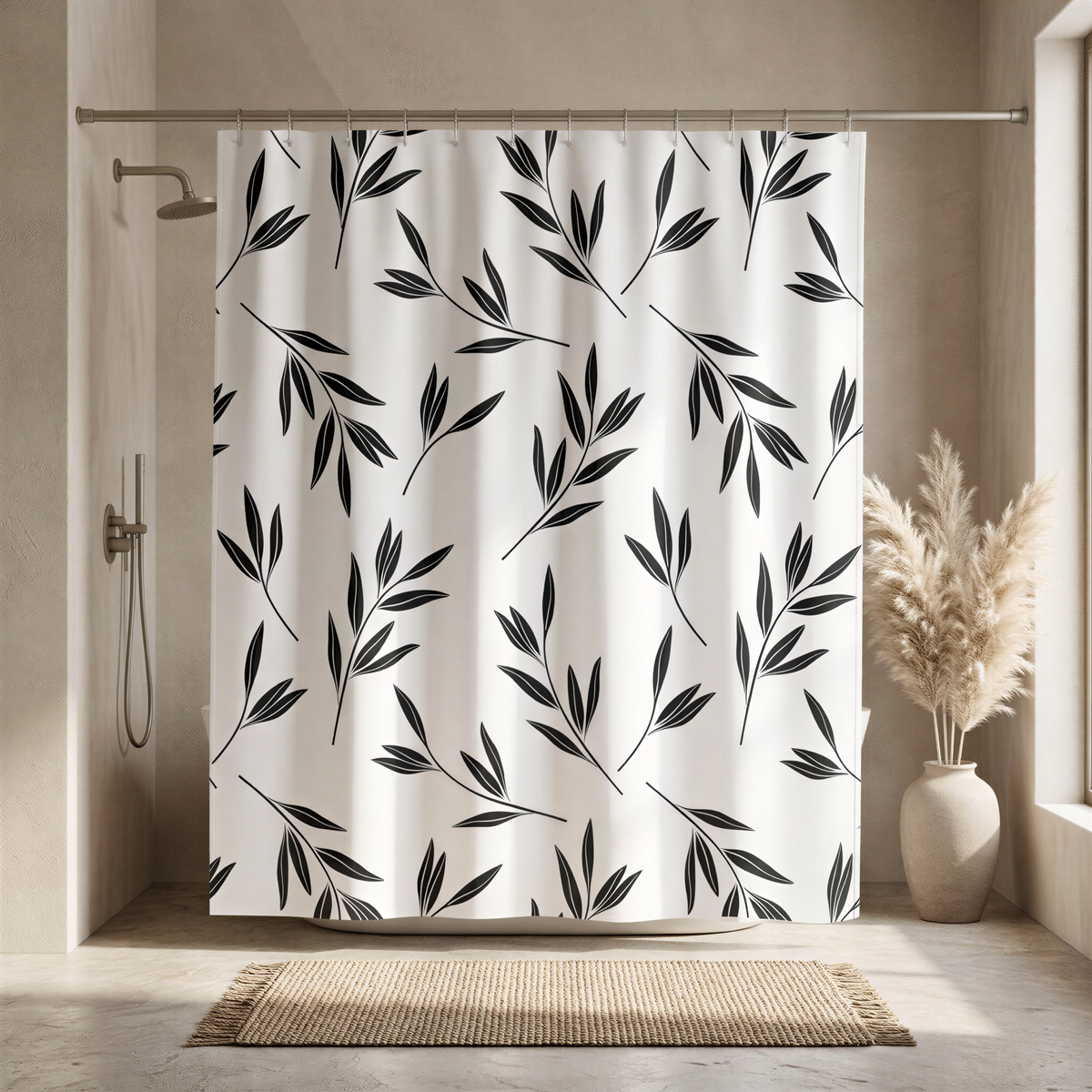 a shower curtain with a repeating black and white leaf pattern, hanging in a bathroom with a shower head and a potted plant nearby.