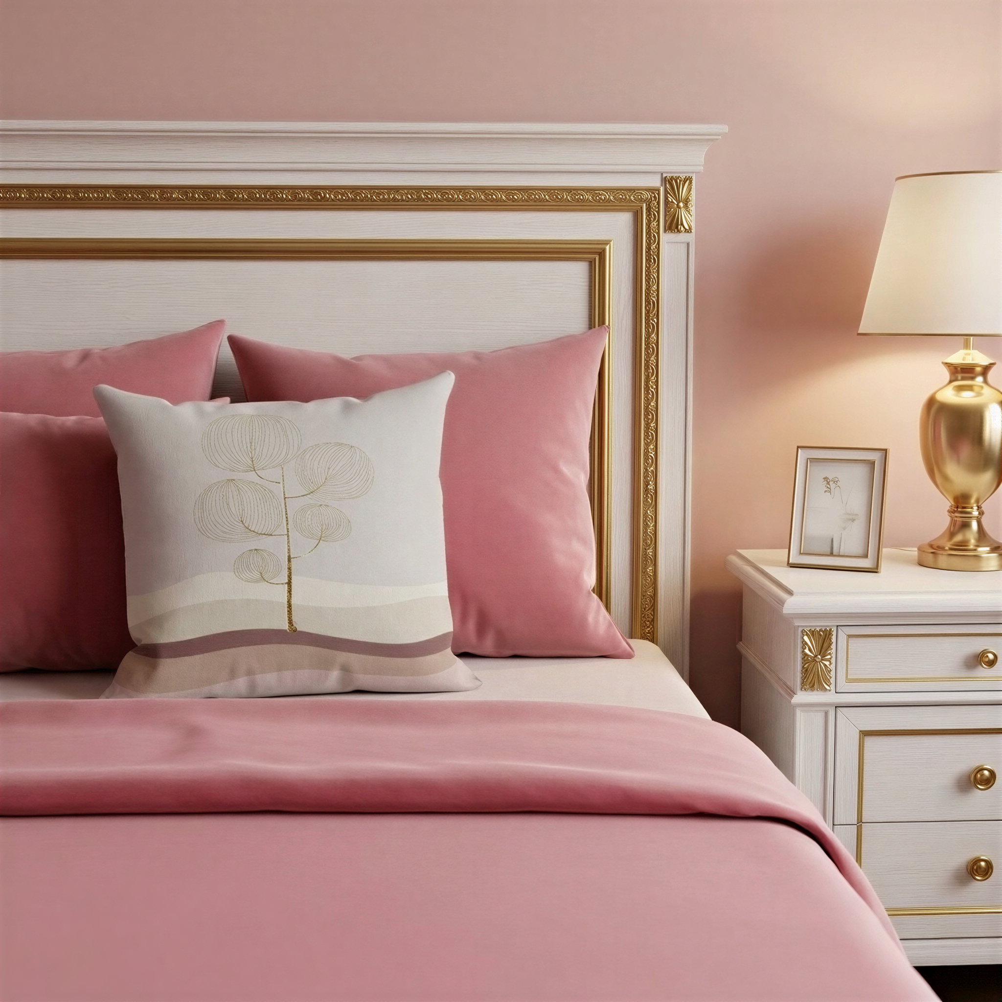 a bedroom with a pink bedspread and a white headboard. The bed is adorned with a white pillow featuring a tree design. The room also includes a nightstand with a gold lamp and a picture frame.