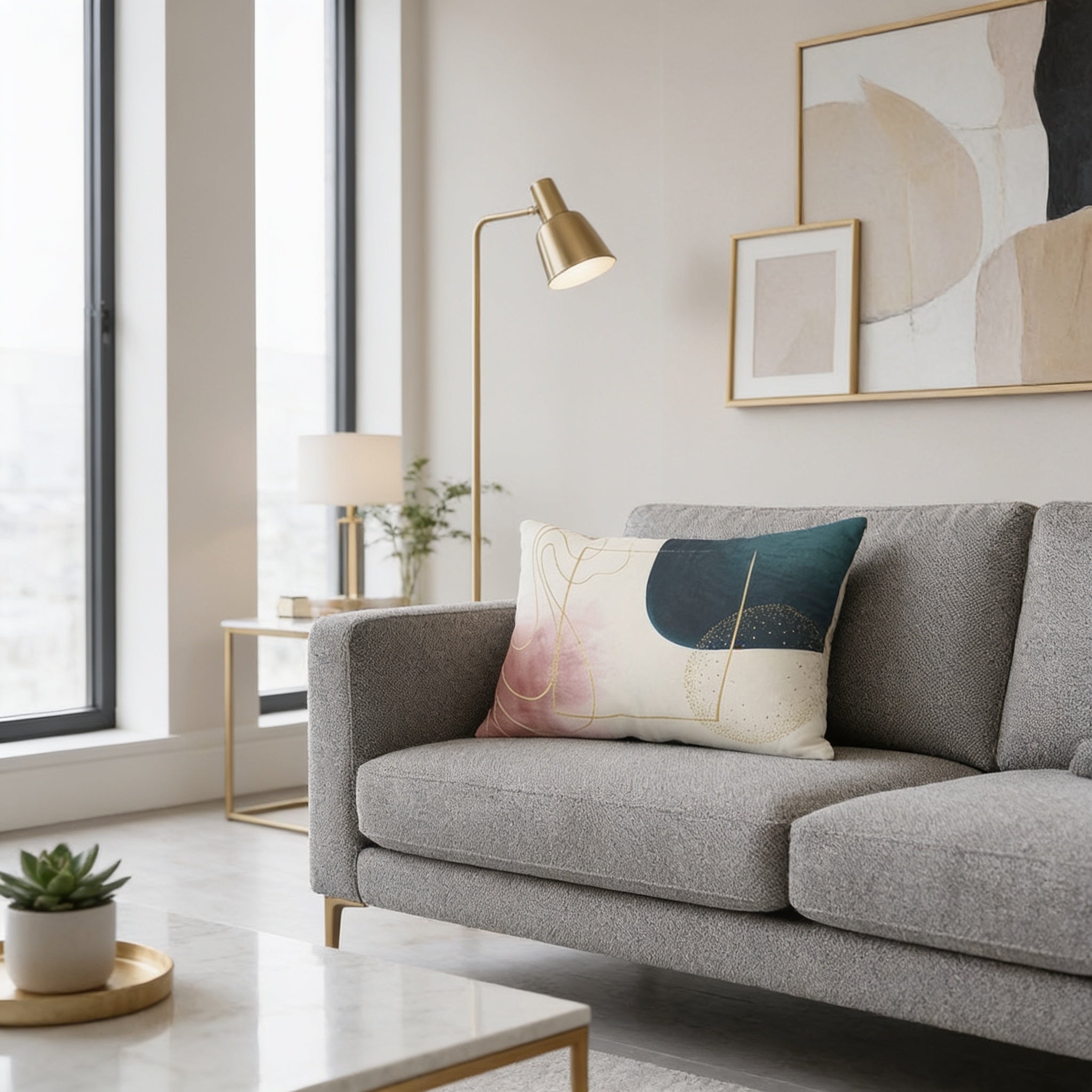 a modern living room with a gray sofa, a floor lamp, and a large abstract painting on the wall.