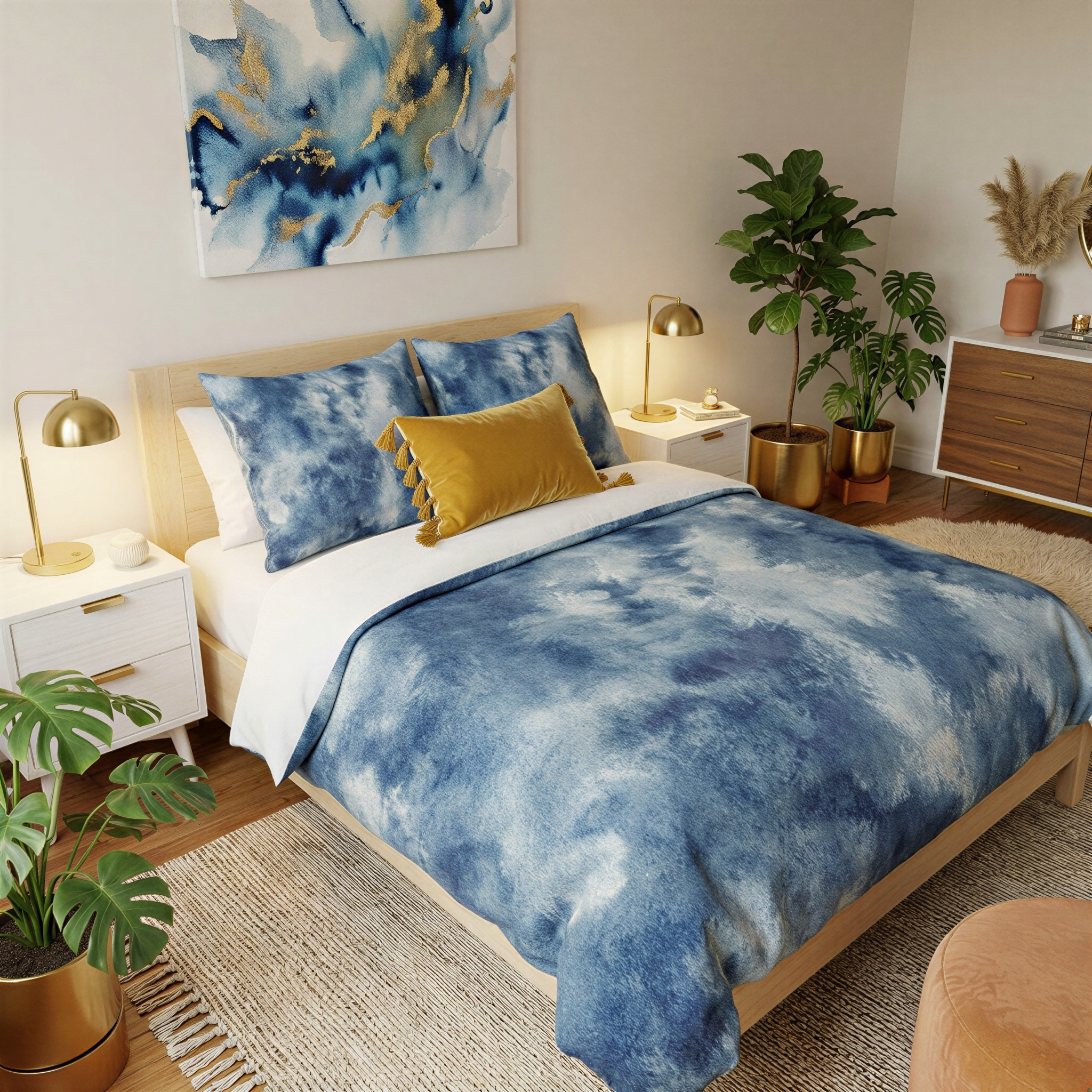 a well-decorated bedroom with a large bed, a nightstand, and a dresser. The bed has a blue and white patterned comforter and two matching pillows. The room also features a large abstract painting on the wall, a potted plant, and a rug on the floor.