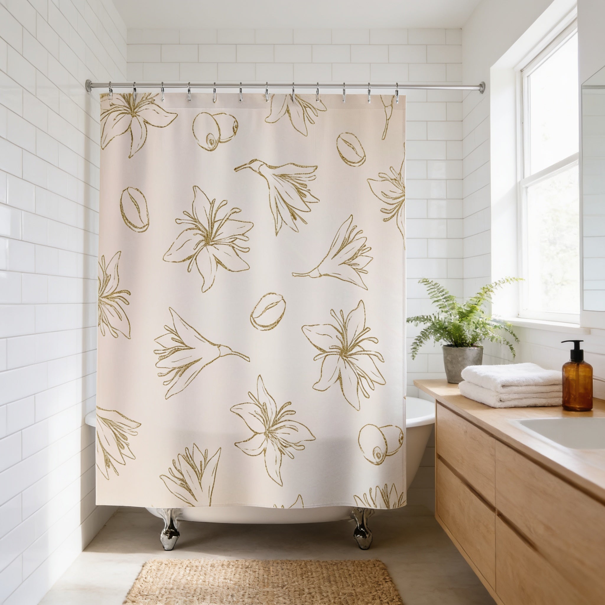 a bathroom with a shower curtain featuring a floral pattern in gold and white colors. The shower curtain is hanging from a rod, and there is a wooden vanity with a sink and a potted plant nearby.